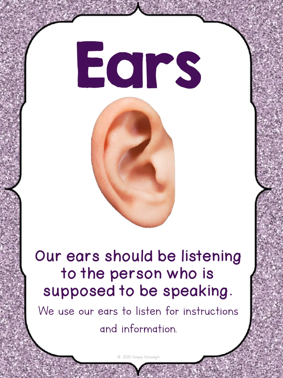Ears card with an ear photo: our ears should be listening to the person who is supposed to be speaking, for instructions