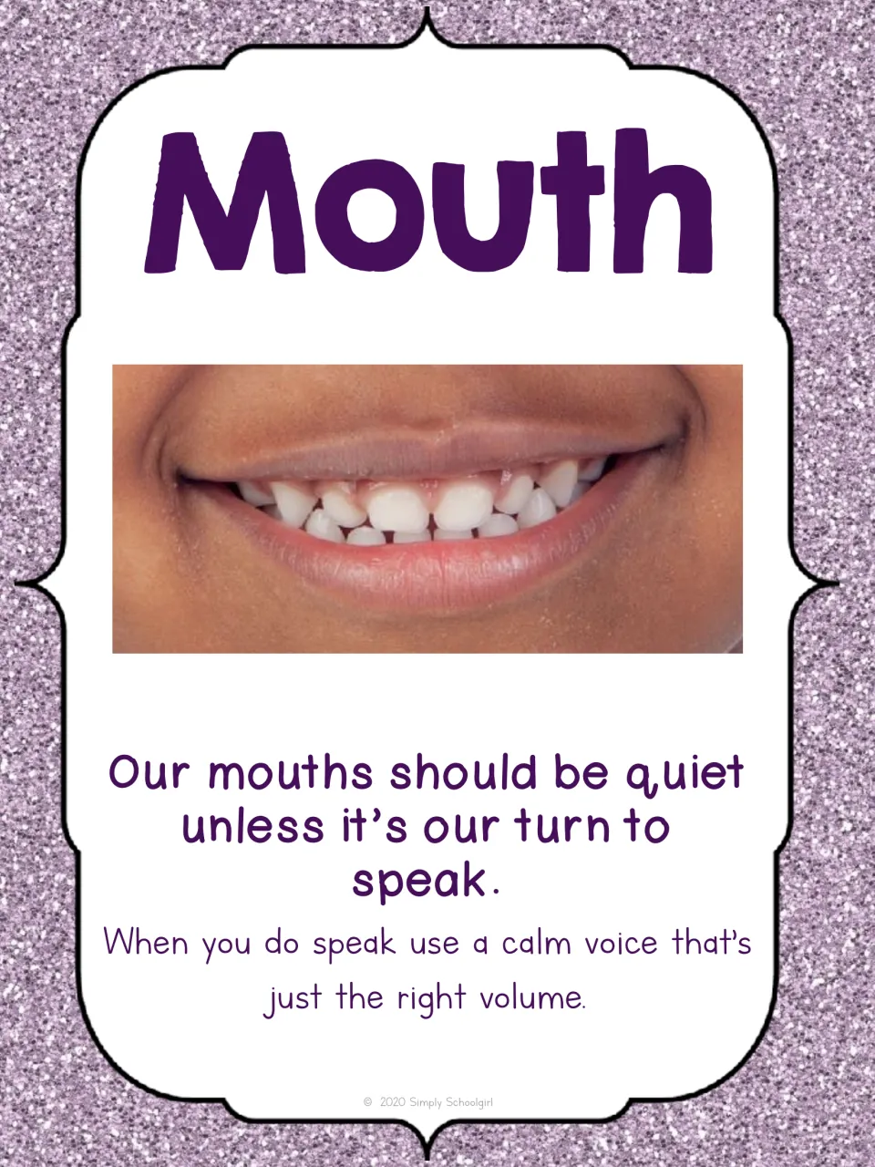 Mouth card with a smiling mouth photo: mouths stay quiet unless it is our turn to speak; use a calm, right-volume voice