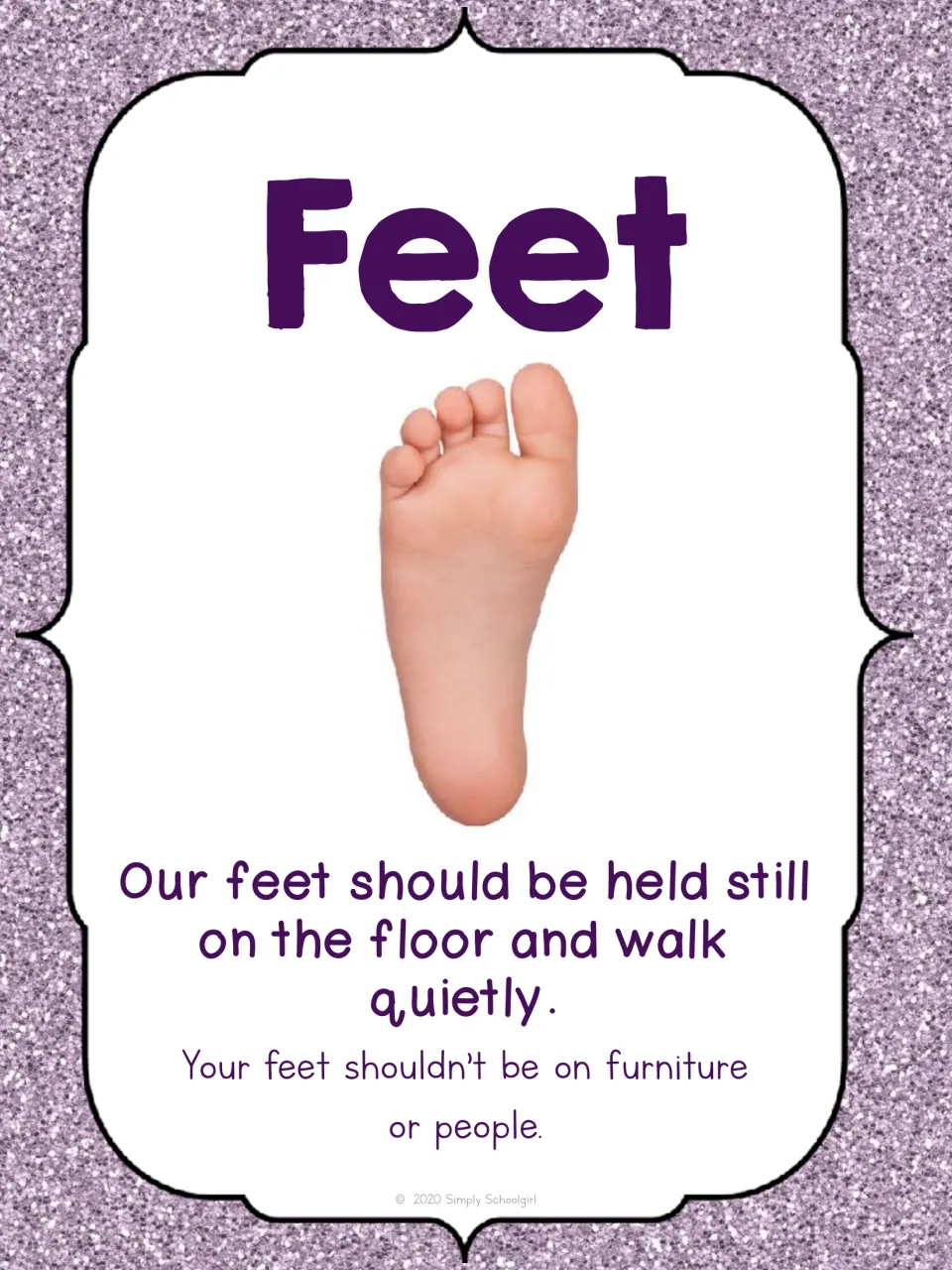 Feet card with a foot sole photo: feet stay still on the floor and walk quietly, and are kept off furniture and people