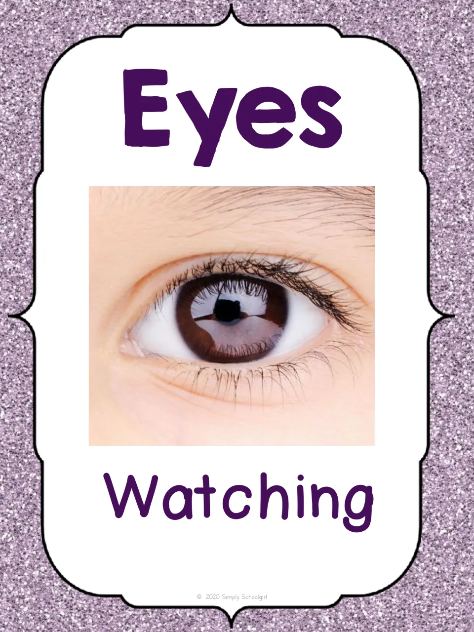 Eyes card, one-word version: a close-up eye photo labeled Watching as a short visual cue for looking at the speaker