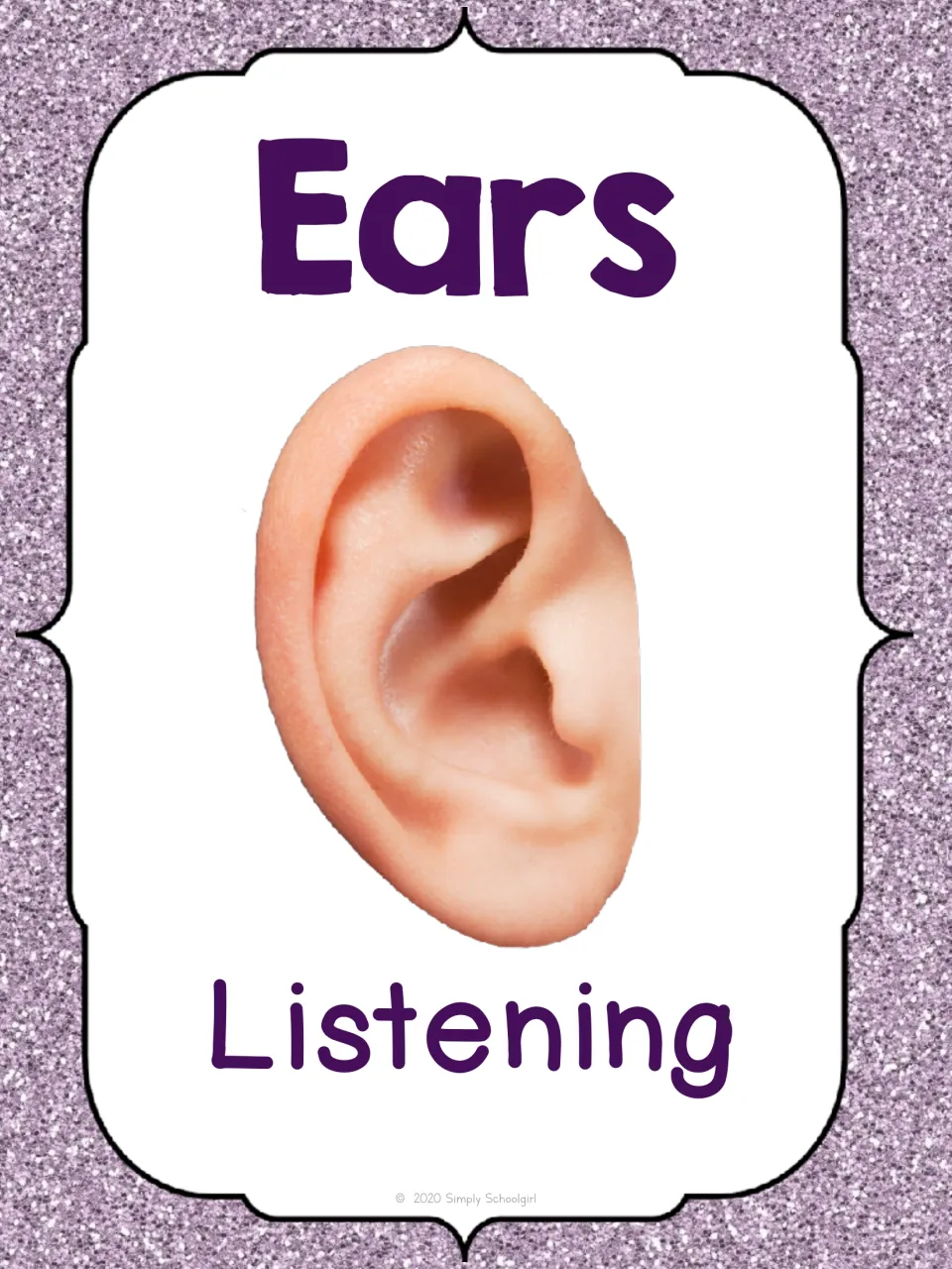 Ears card, one-word version: an ear photo labeled Listening as a short visual cue for students to listen to the speaker
