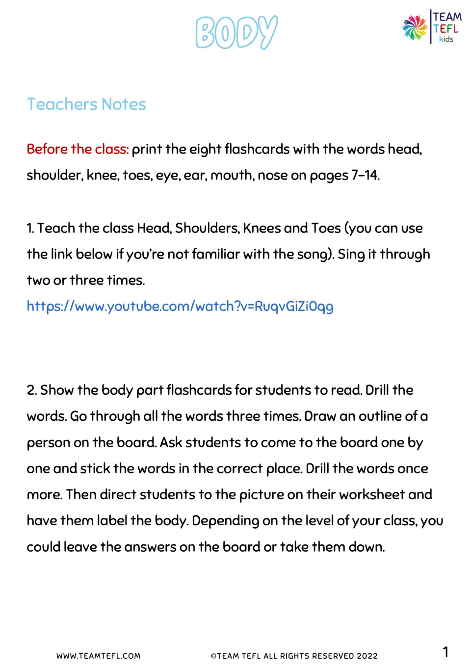Body teacher's notes: print eight body-part flashcards, sing Head, Shoulders, Knees and Toes, then drill and label words