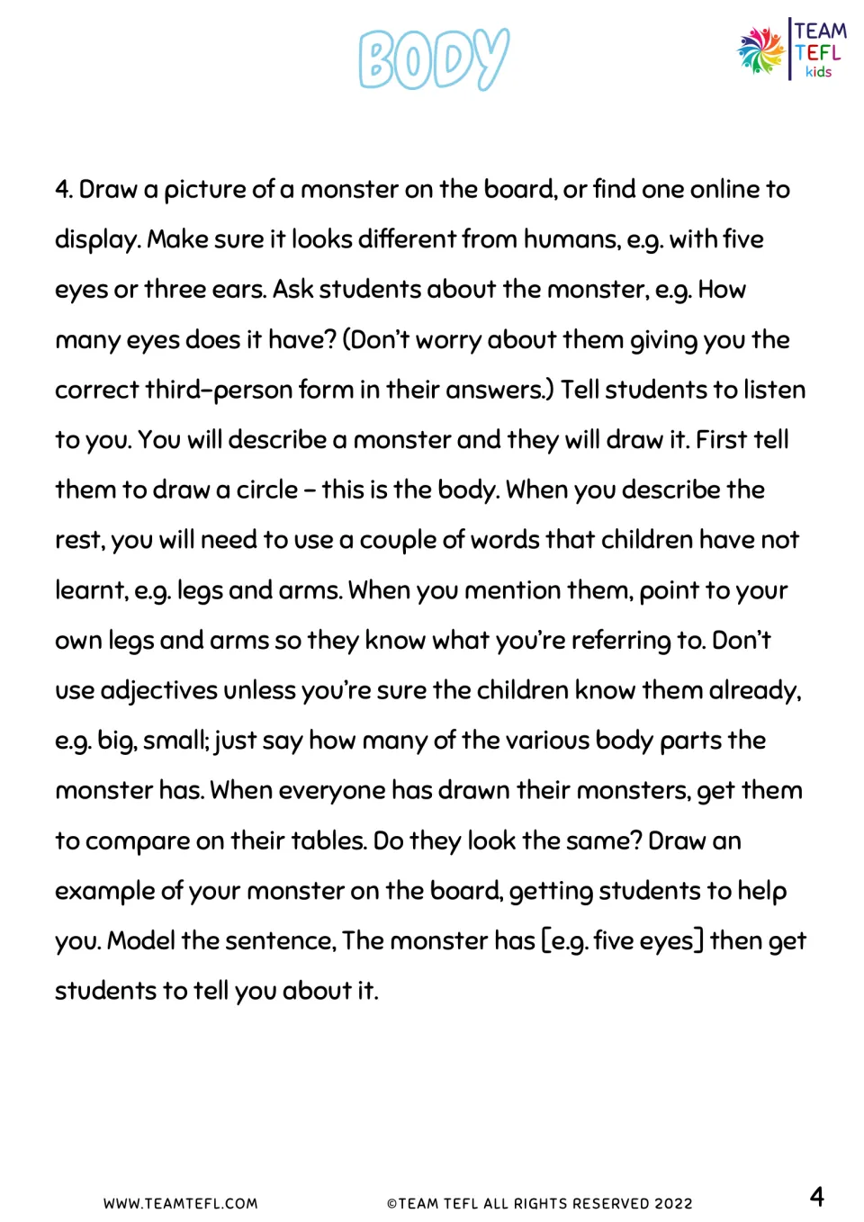 Monster listen-and-draw: teacher describes a monster's body parts, students draw it, then say The monster has five eyes