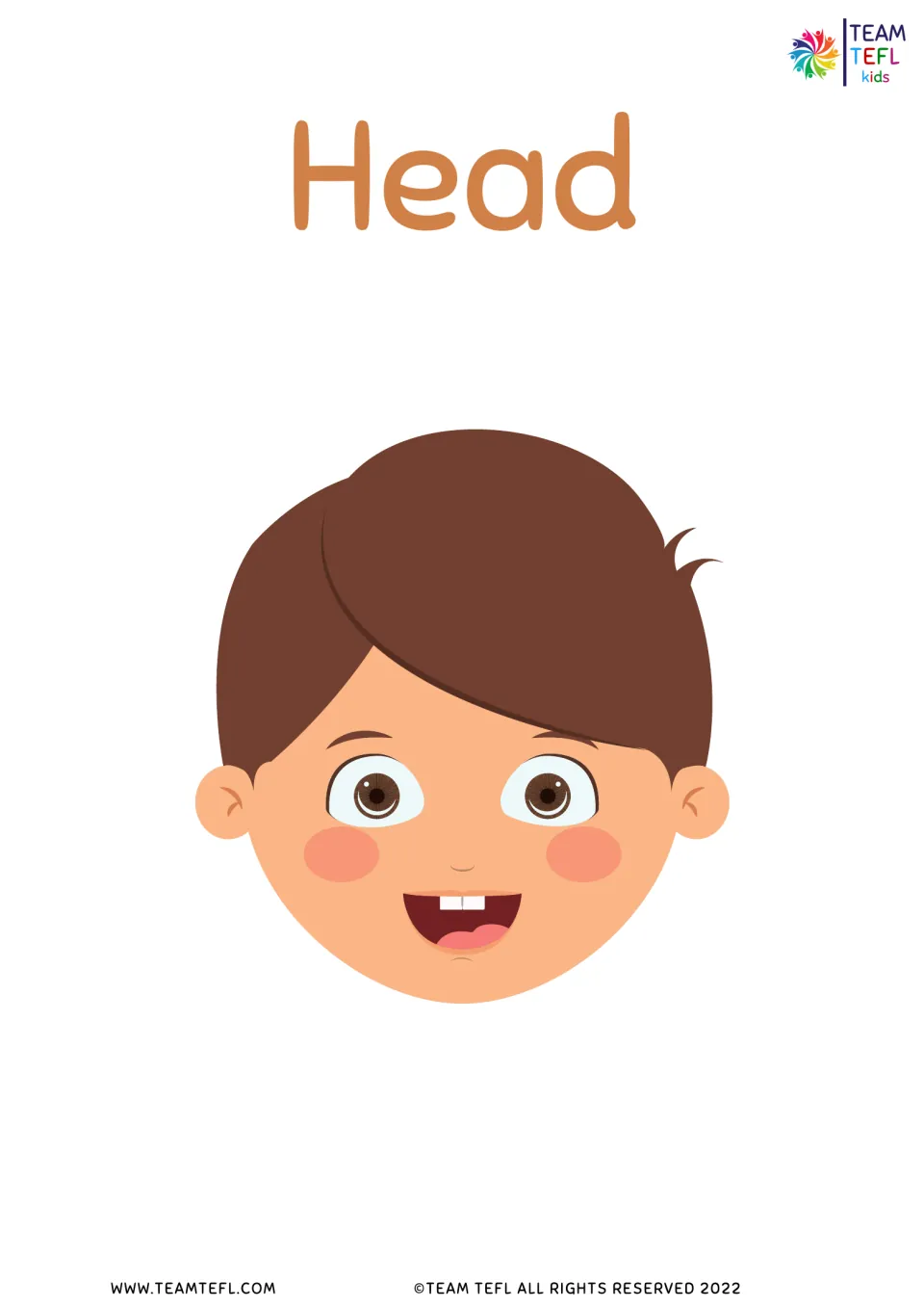 Head flashcard: the word Head above a smiling cartoon boy's face for reading and drilling body-part vocabulary