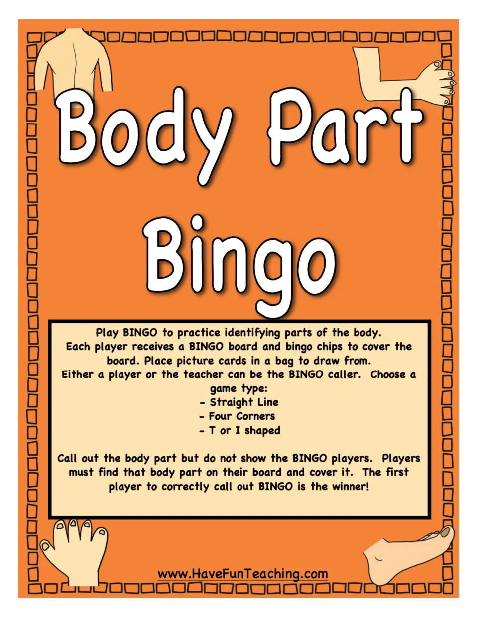 Body Part Bingo cover with directions: a caller draws body part picture cards and players cover matches on their boards