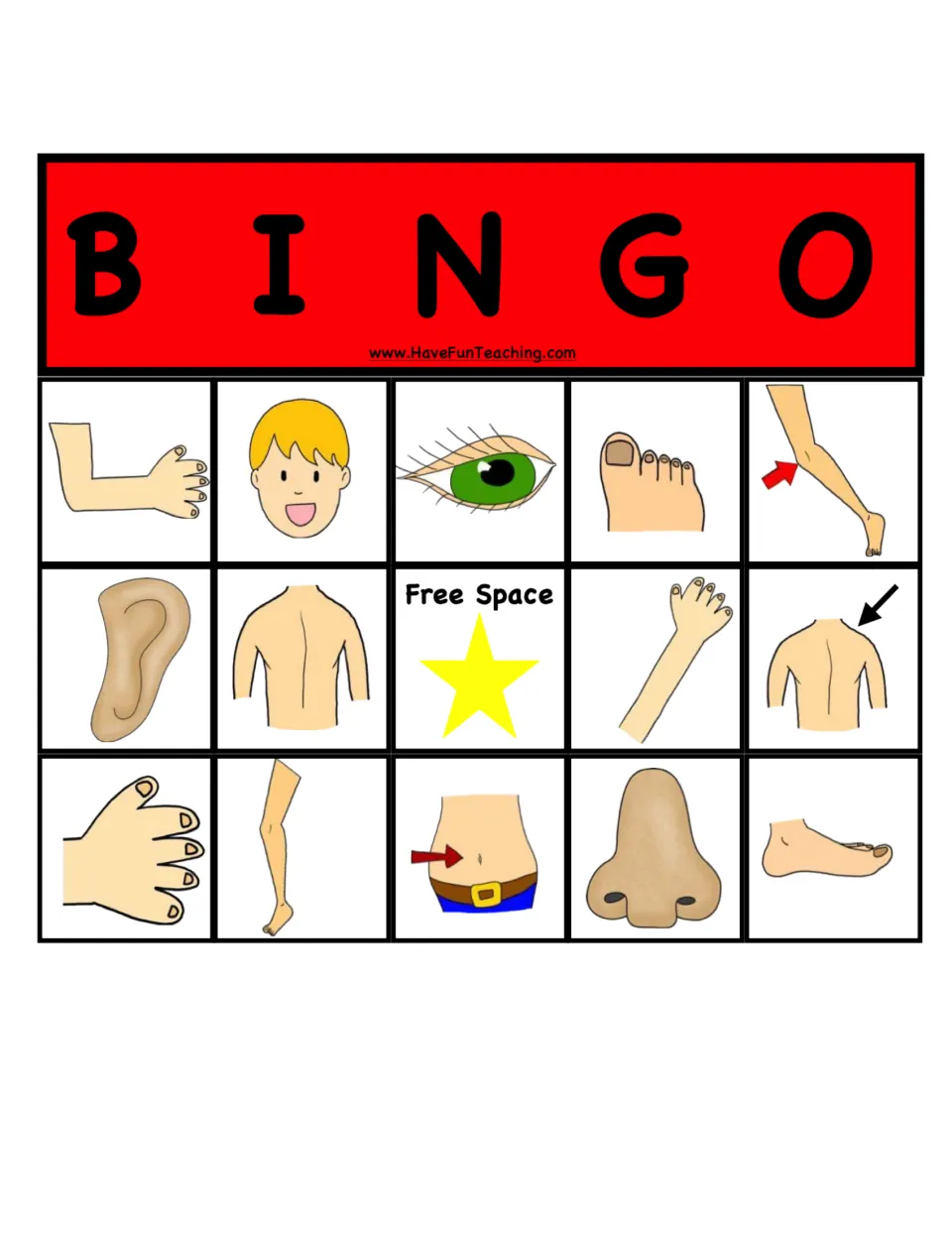 Red bingo board: students cover body parts such as bent arm, face, eye, toe, ear, nose and foot around a free space