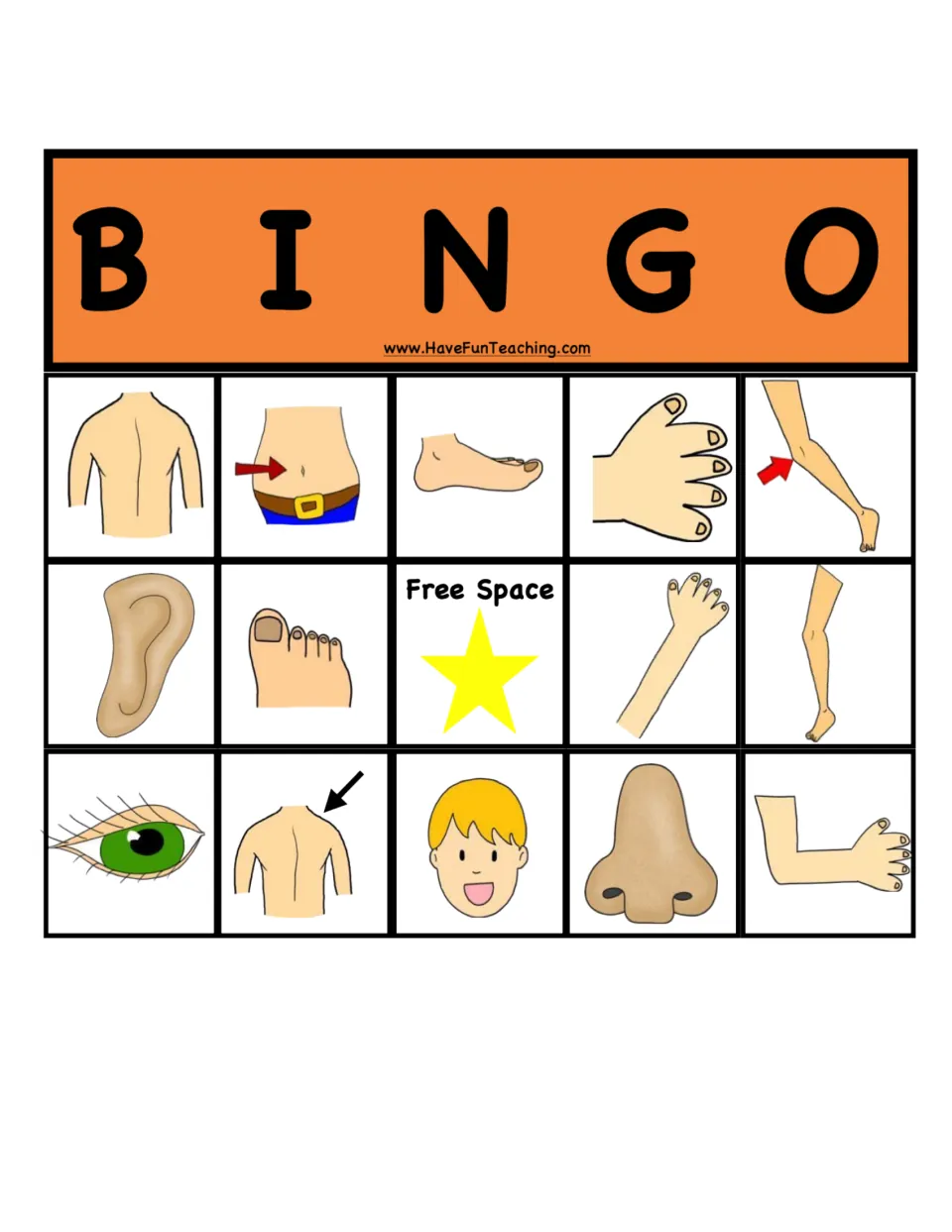 Orange bingo board: players identify and cover body parts starting with back, belly button, foot, hand and knee