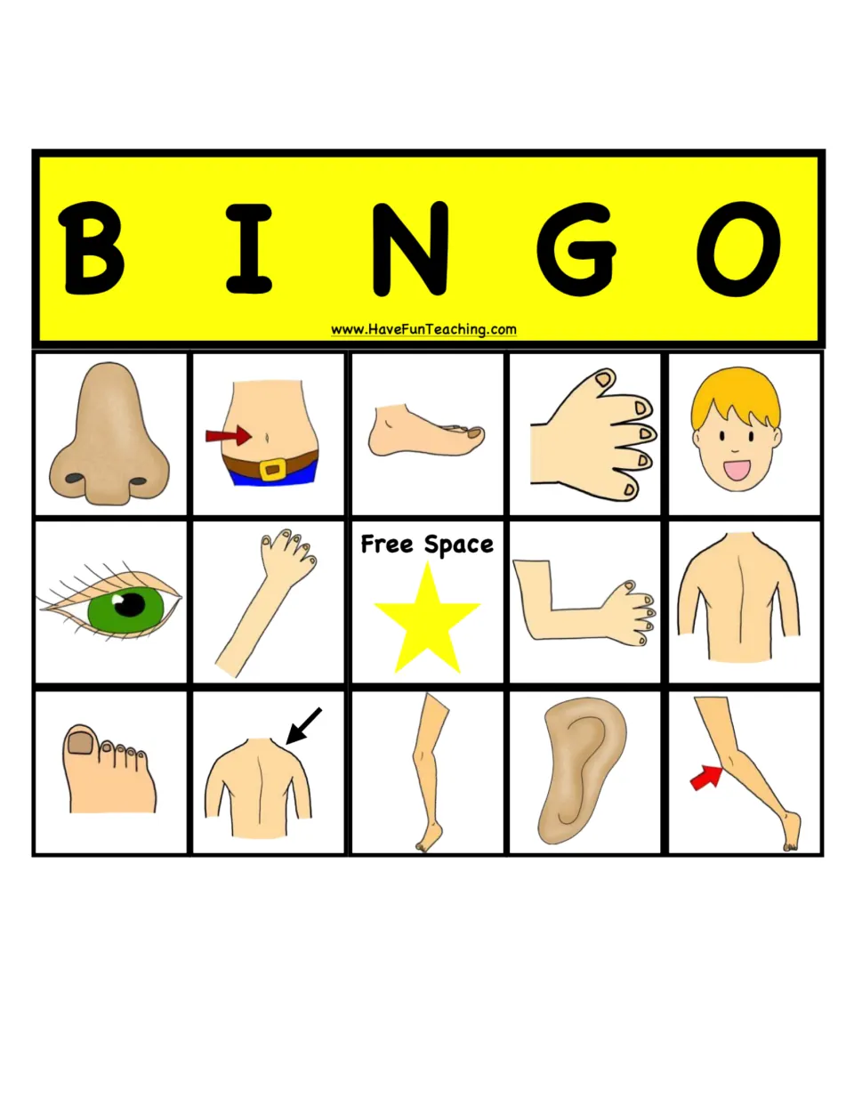 Yellow bingo board: students find called body parts, from nose, belly button, foot, hand and face to toe, shoulder and ear