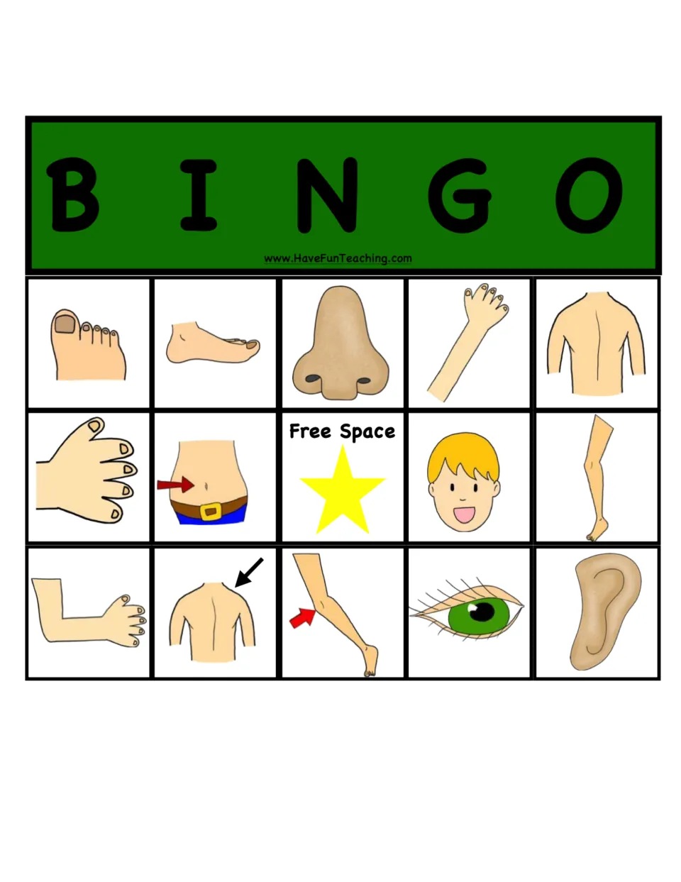 Green bingo board: players cover body parts as called, including toe, foot, nose, arm, back, shoulder, knee, eye and ear