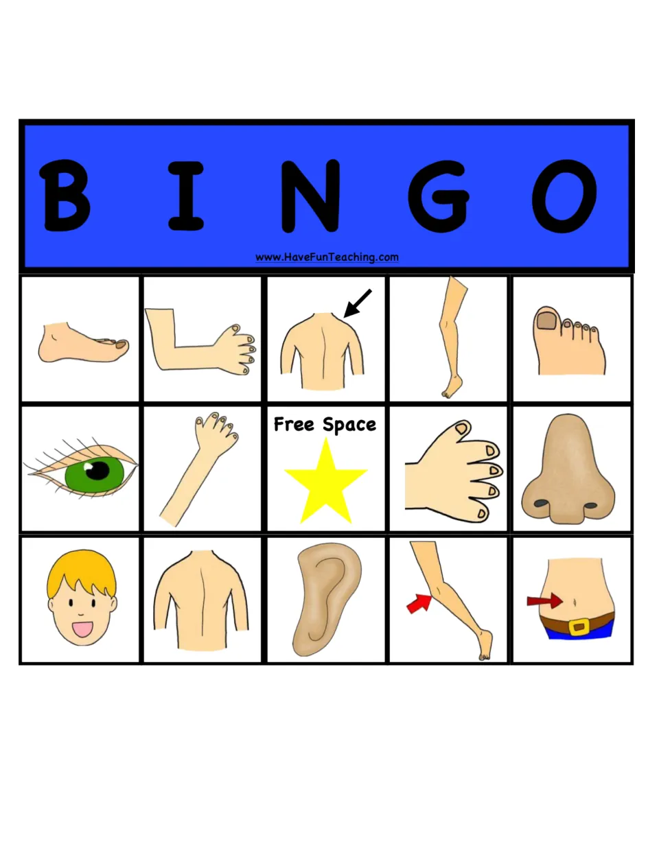 Blue bingo board: players match called body parts, with foot, bent arm, shoulder, leg and toe around a free space
