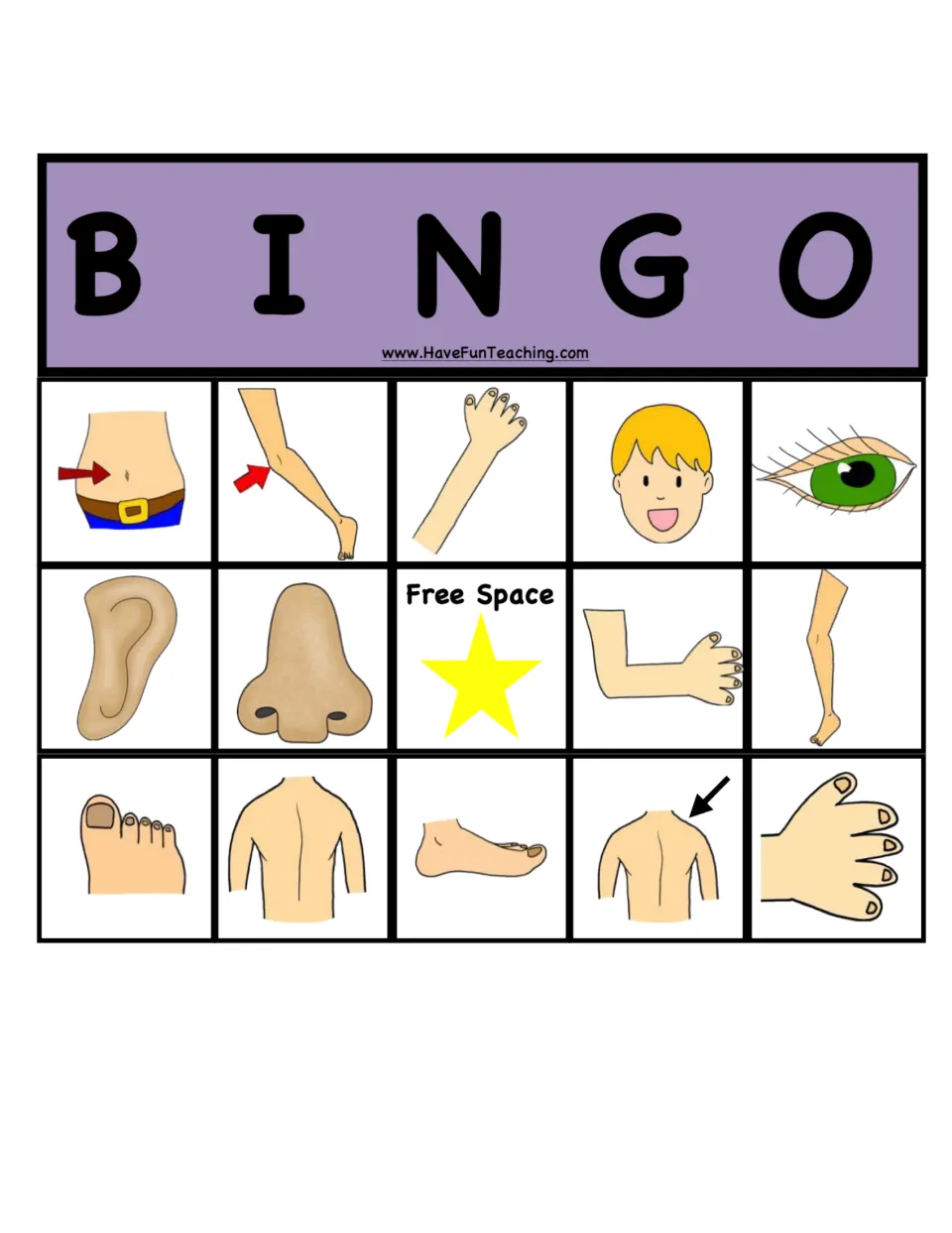 Lavender bingo board: students cover body parts, from belly button, knee, arm and face to nose, toe, foot and hand