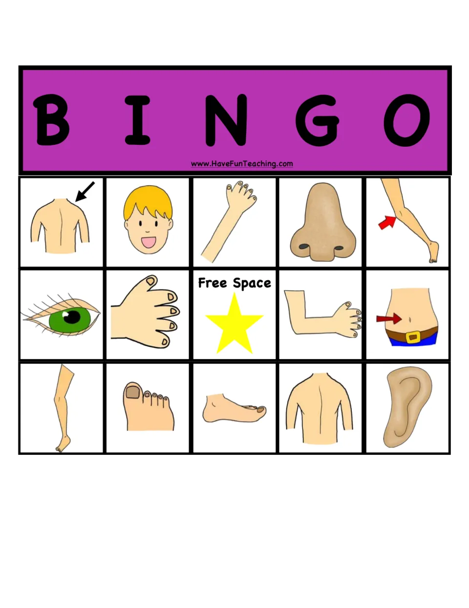 Magenta bingo board: players listen for each body part, then cover the shoulder, face, arm, nose, eye, hand and ear