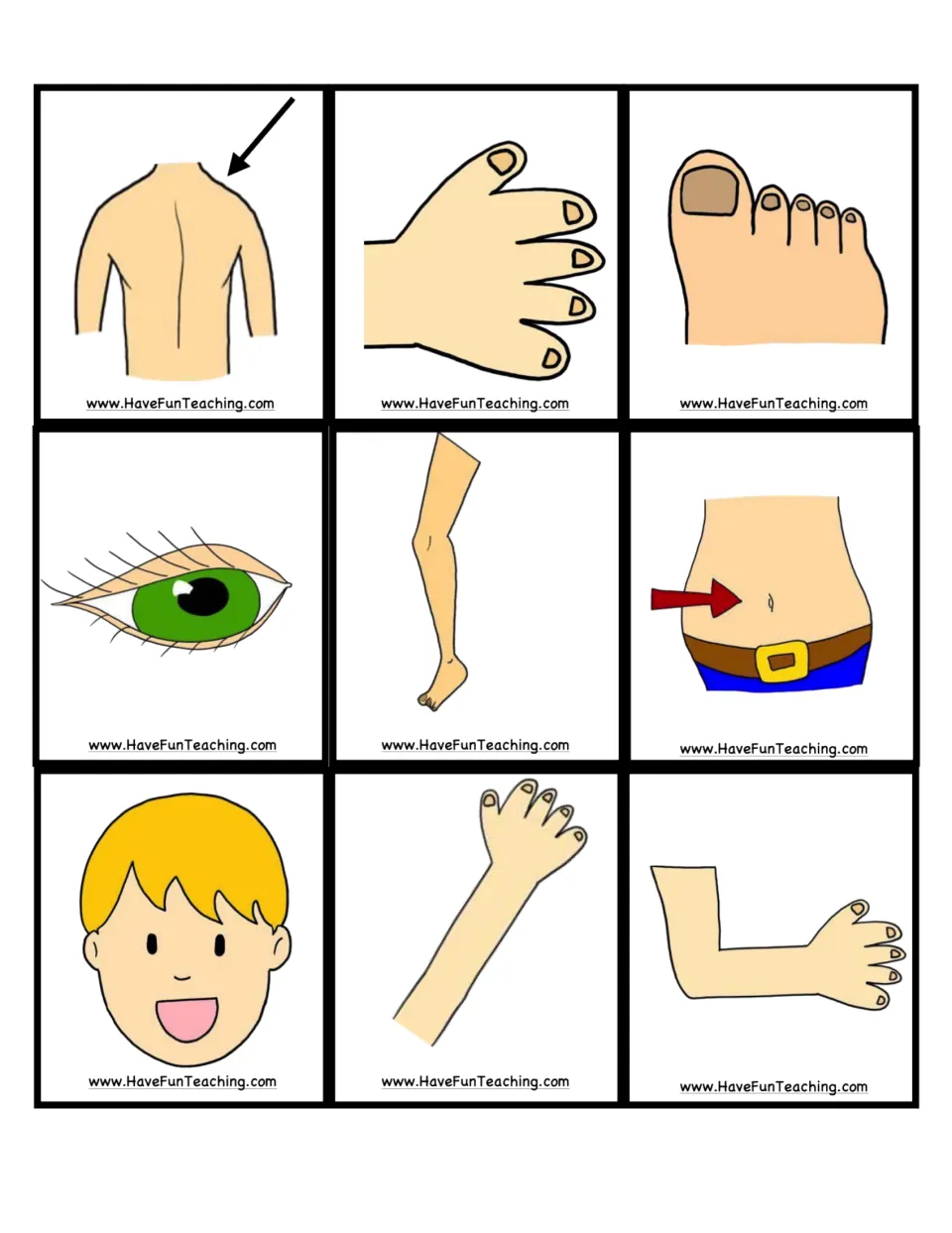Caller picture cards to cut apart: shoulder, hand, toe, eye, leg, belly button, face, arm and bent arm, drawn from a bag