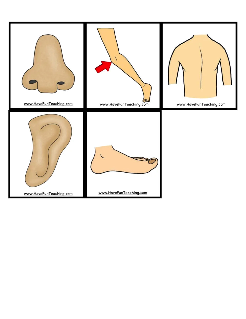 Remaining caller picture cards to cut out: nose, knee marked with a red arrow, back, ear and foot for the calling bag