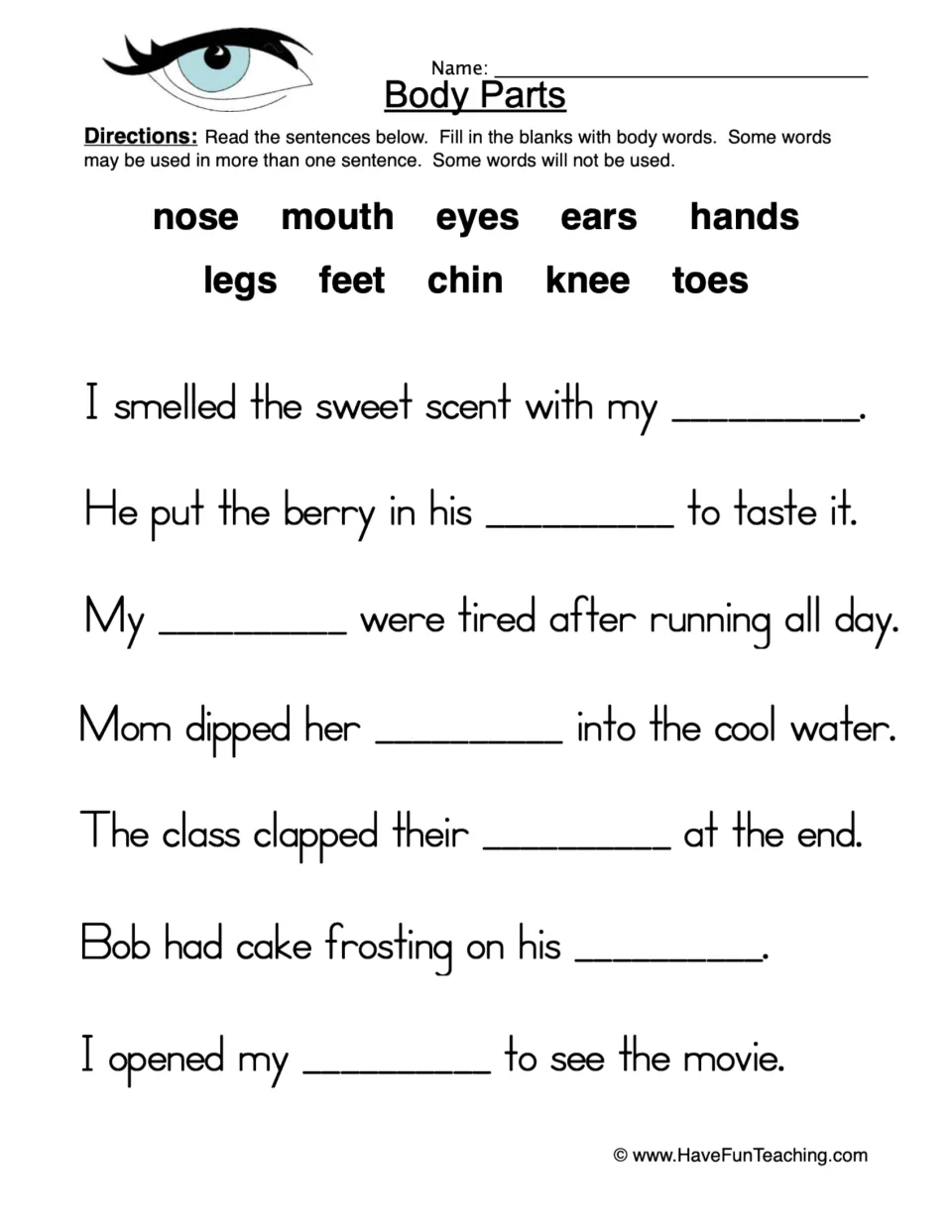 Body Parts: students complete 7 sentences using a word bank of 10 body words such as nose, mouth, hands and toes