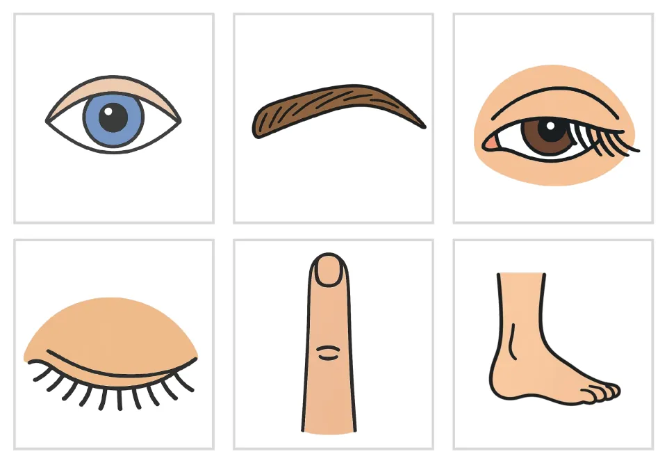 Body-part picture-only flashcards 7–12: color pictures of an eye, eyebrow, eyelash, eyelid, finger, and foot