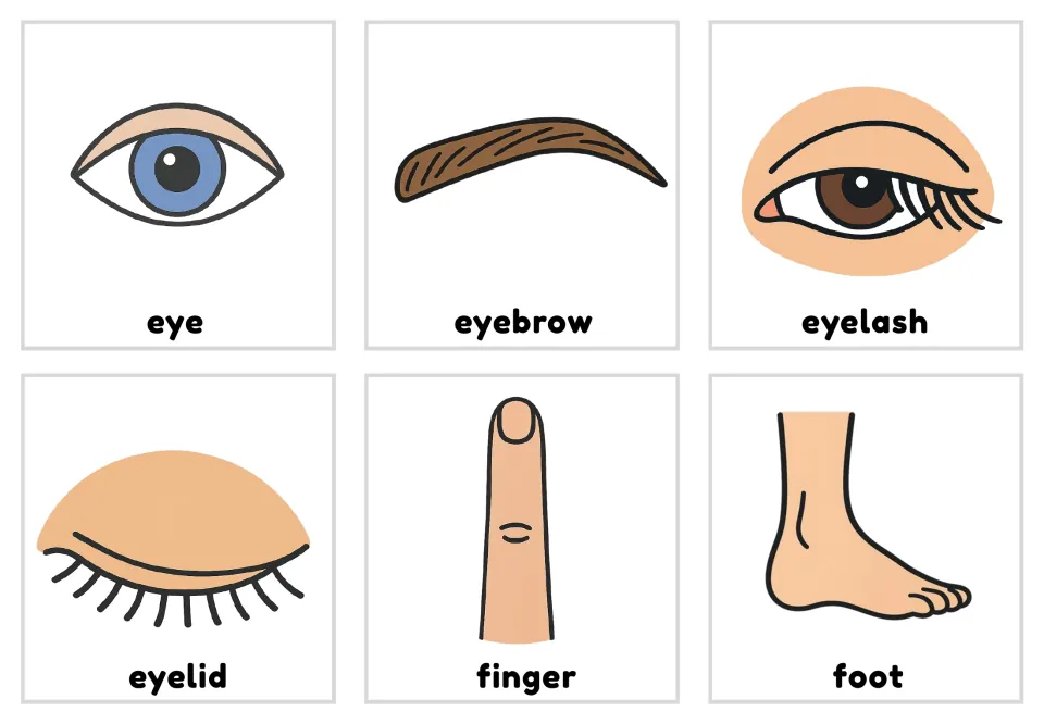 Body-part picture-and-word flashcards 7–12: eye, eyebrow, eyelash, eyelid, finger, and foot shown in color