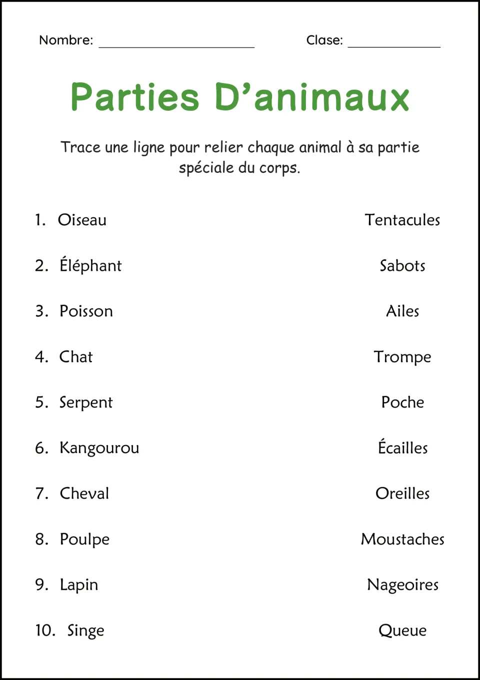 French animal body parts matching practice: 10 animals to pair with ailes (wings), sabots (hooves) and more
