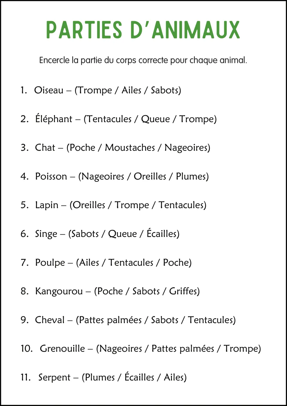 French animal body parts quiz: 11 animals with three choices each, including trompe (trunk) and poche (pouch)