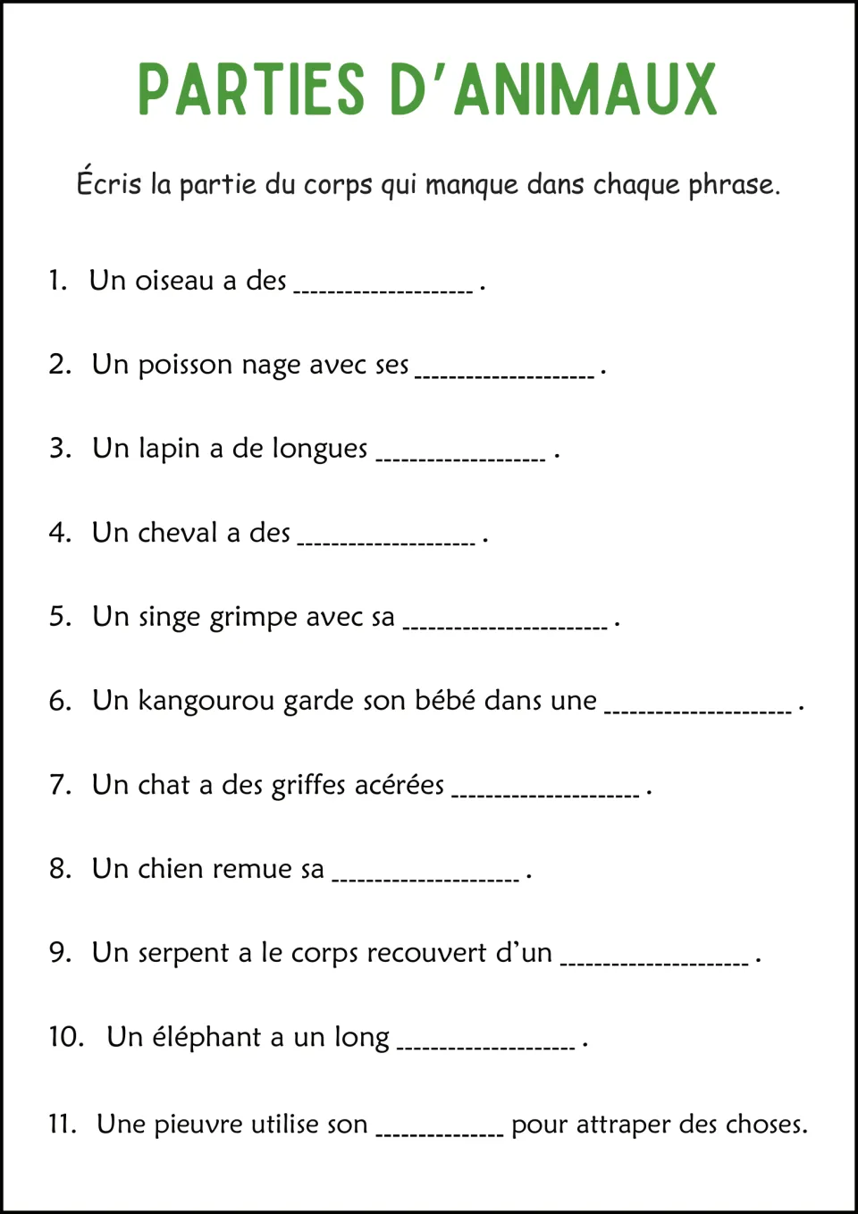 French animal body parts sentence completion: 11 prompts about birds, fish, rabbits and eight other animals