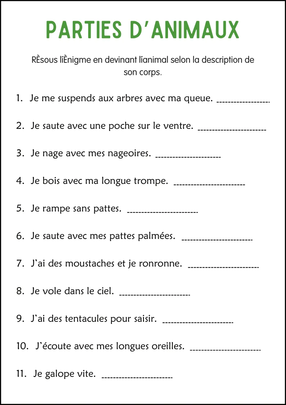 French animal riddles: 11 clues about body parts and actions, including a pouch, a long trunk and whiskers