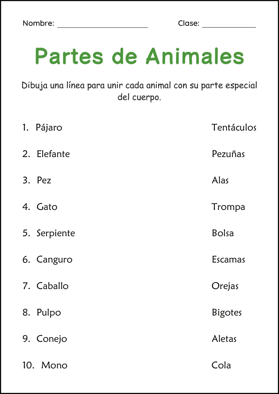 Spanish animal body parts matching exercise: 10 animals to pair with alas (wings), trompa (trunk), and more