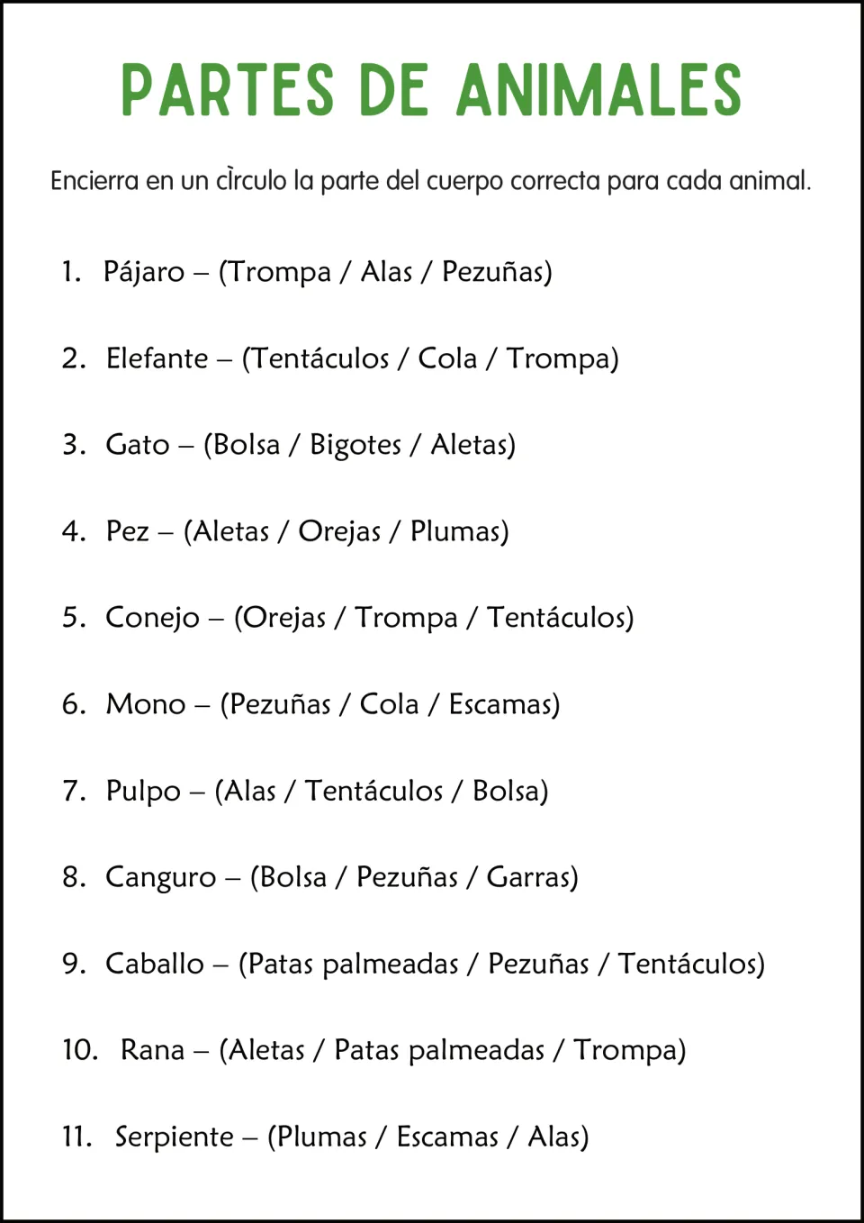 Spanish animal body parts multiple choice: 11 animals, including rana (frog), with three choices each