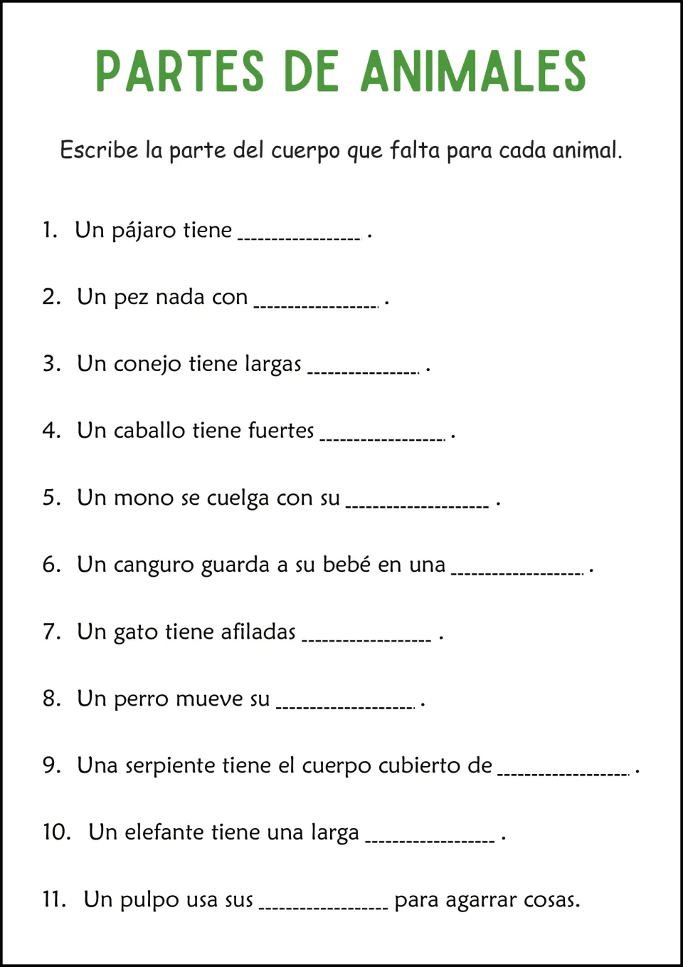 Spanish animal body parts sentence completion: 11 prompts about wings, fins, ears, claws, tails, and more