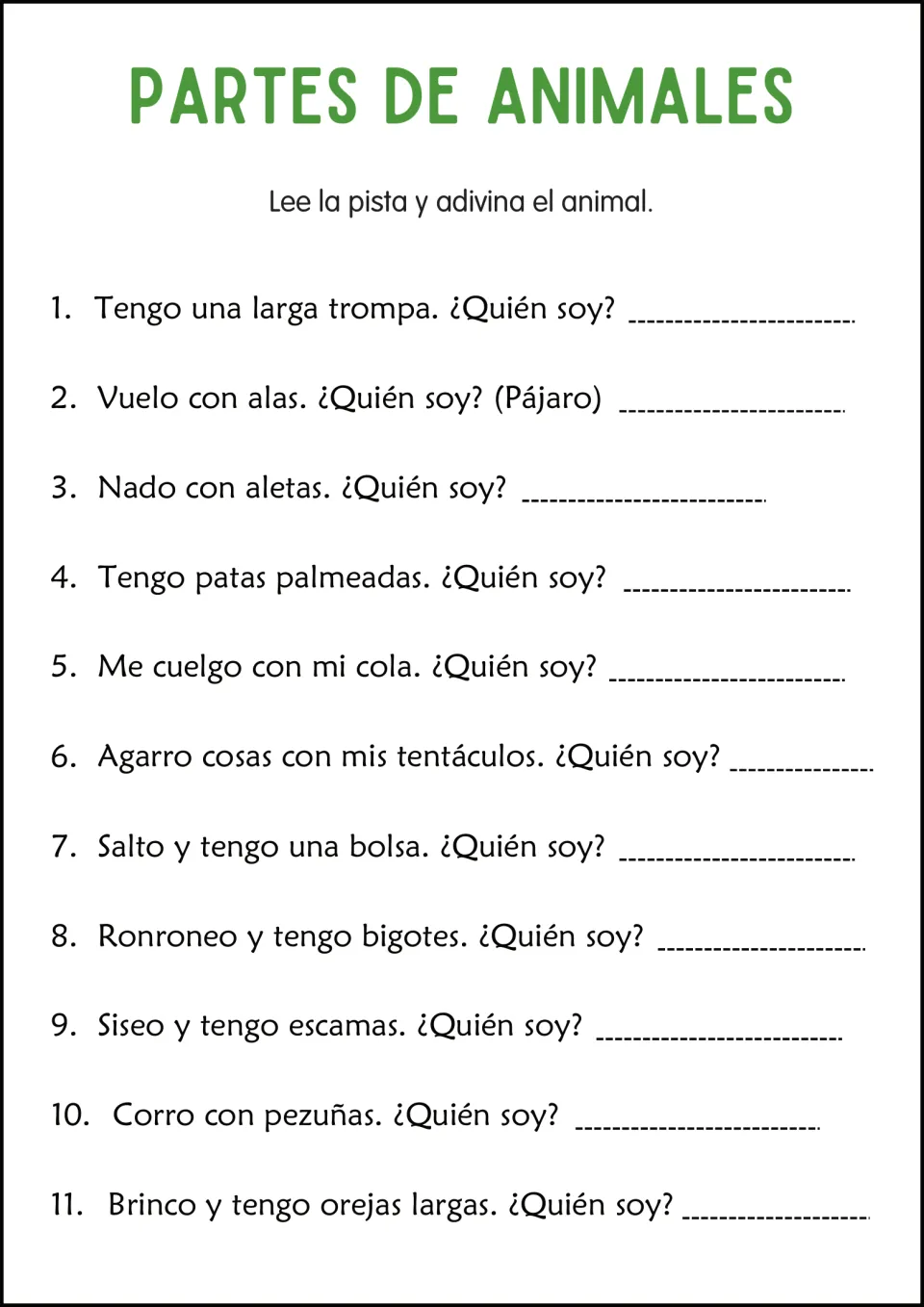 Spanish animal identification: 11 body part clues about a trunk, wings, fins, webbed feet, and more