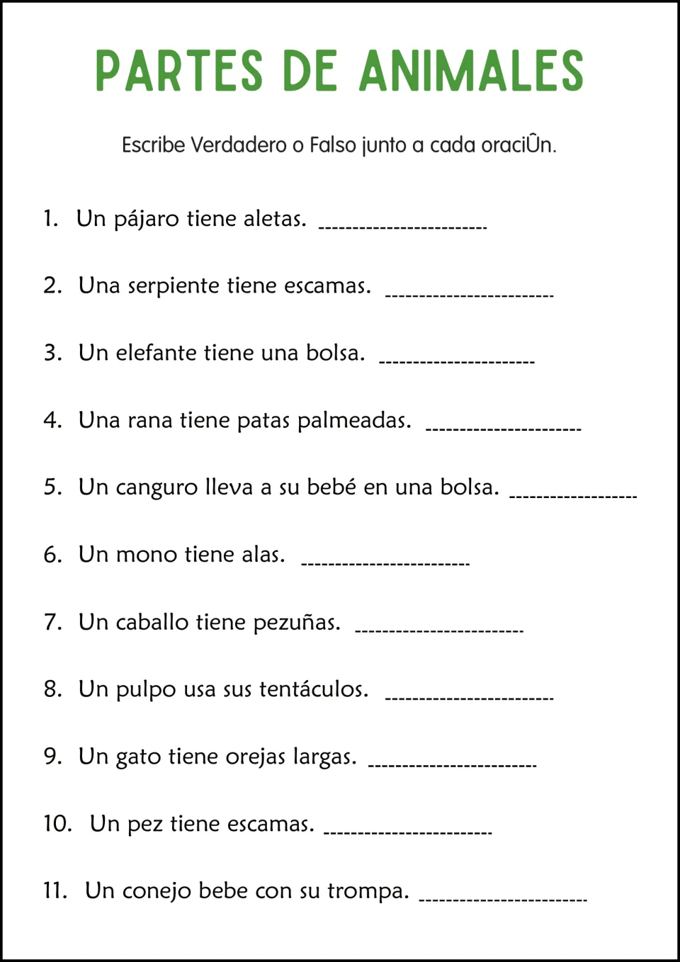 Spanish true-or-false practice: 11 animal body part statements, including a bird having fins and a monkey wings