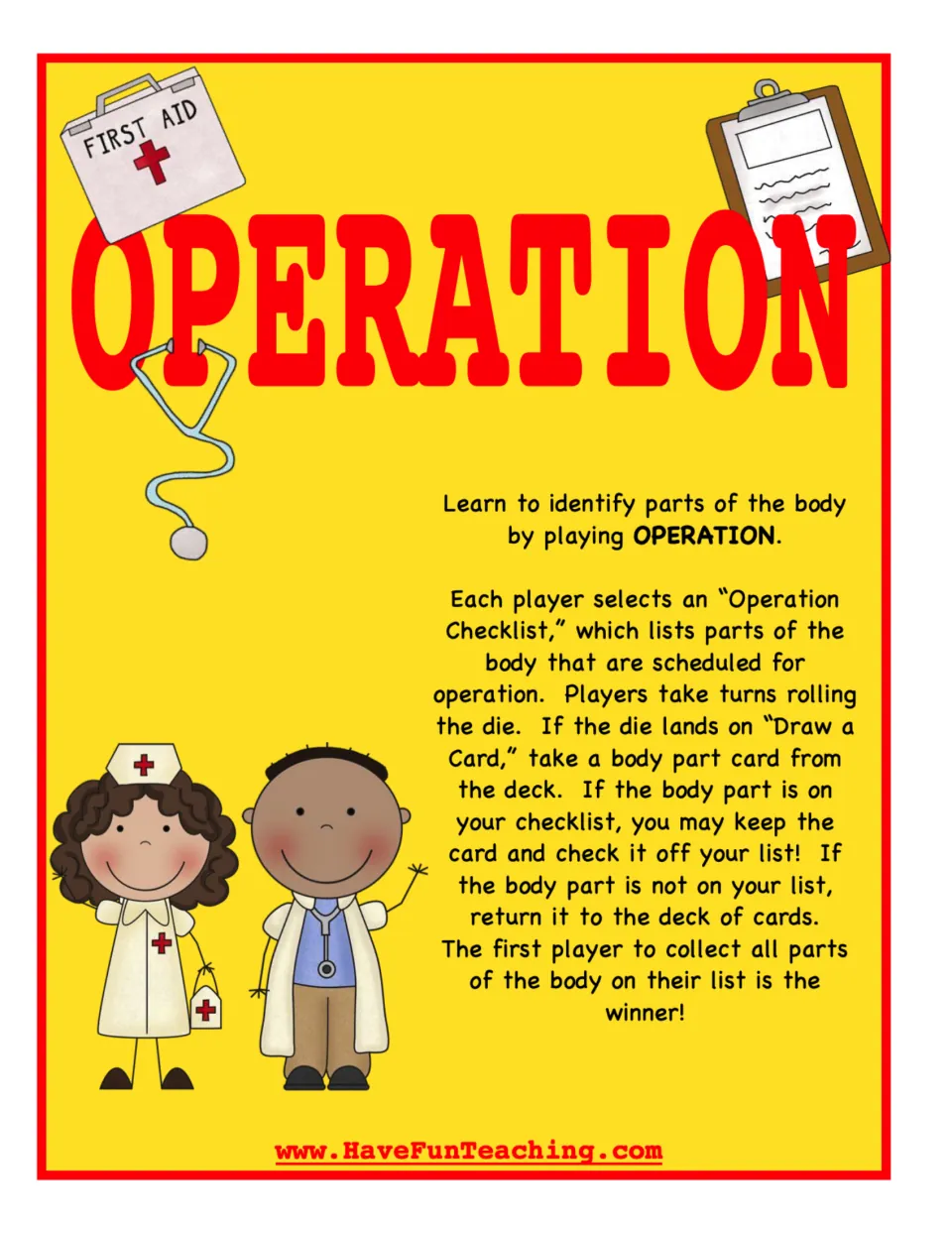 Operation game cover and rules: players roll a die, draw body part cards and check off parts on their Operation Checklist