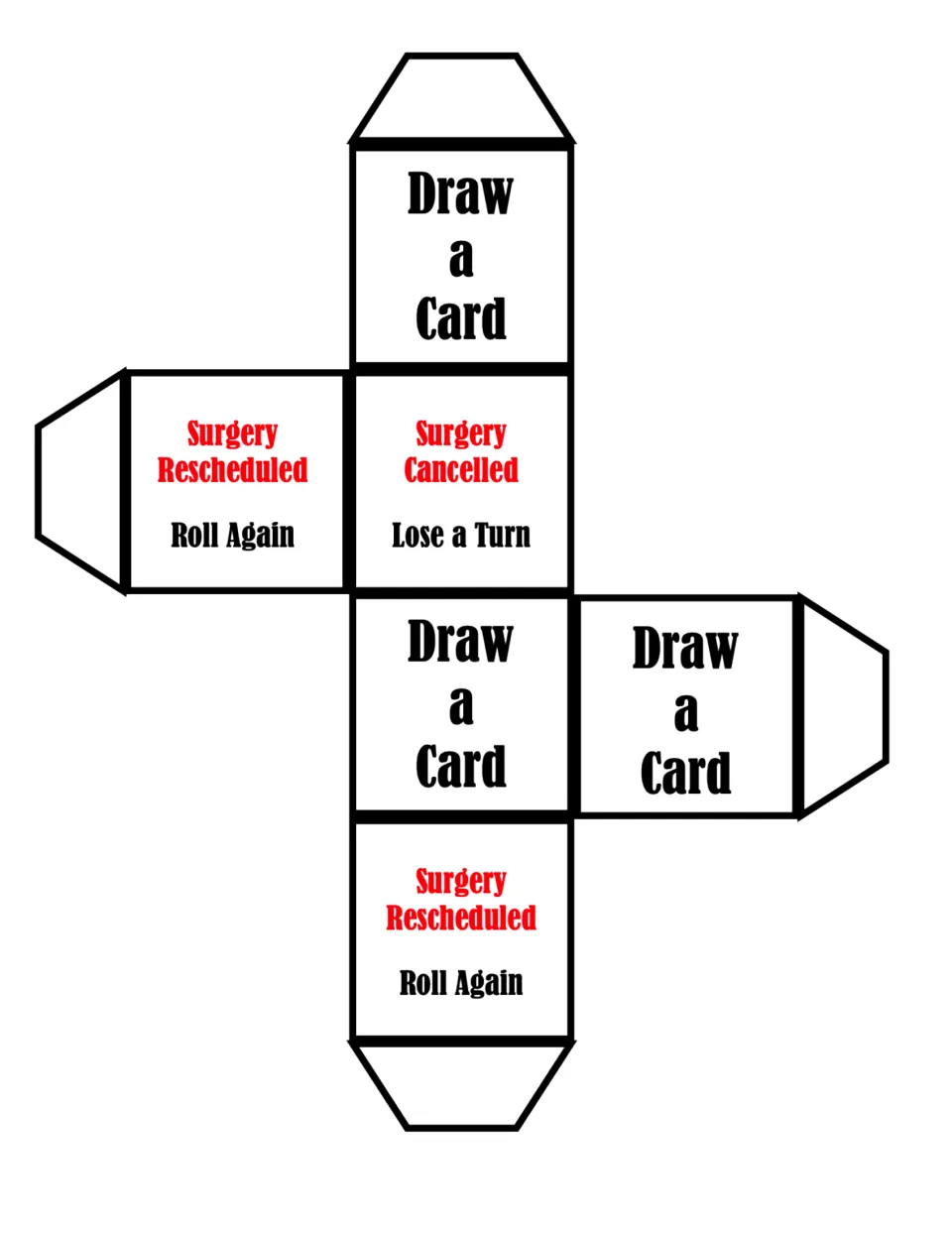 Operation die cut-out: fold-up cube with Draw a Card, Surgery Rescheduled Roll Again and Surgery Cancelled Lose a Turn sides