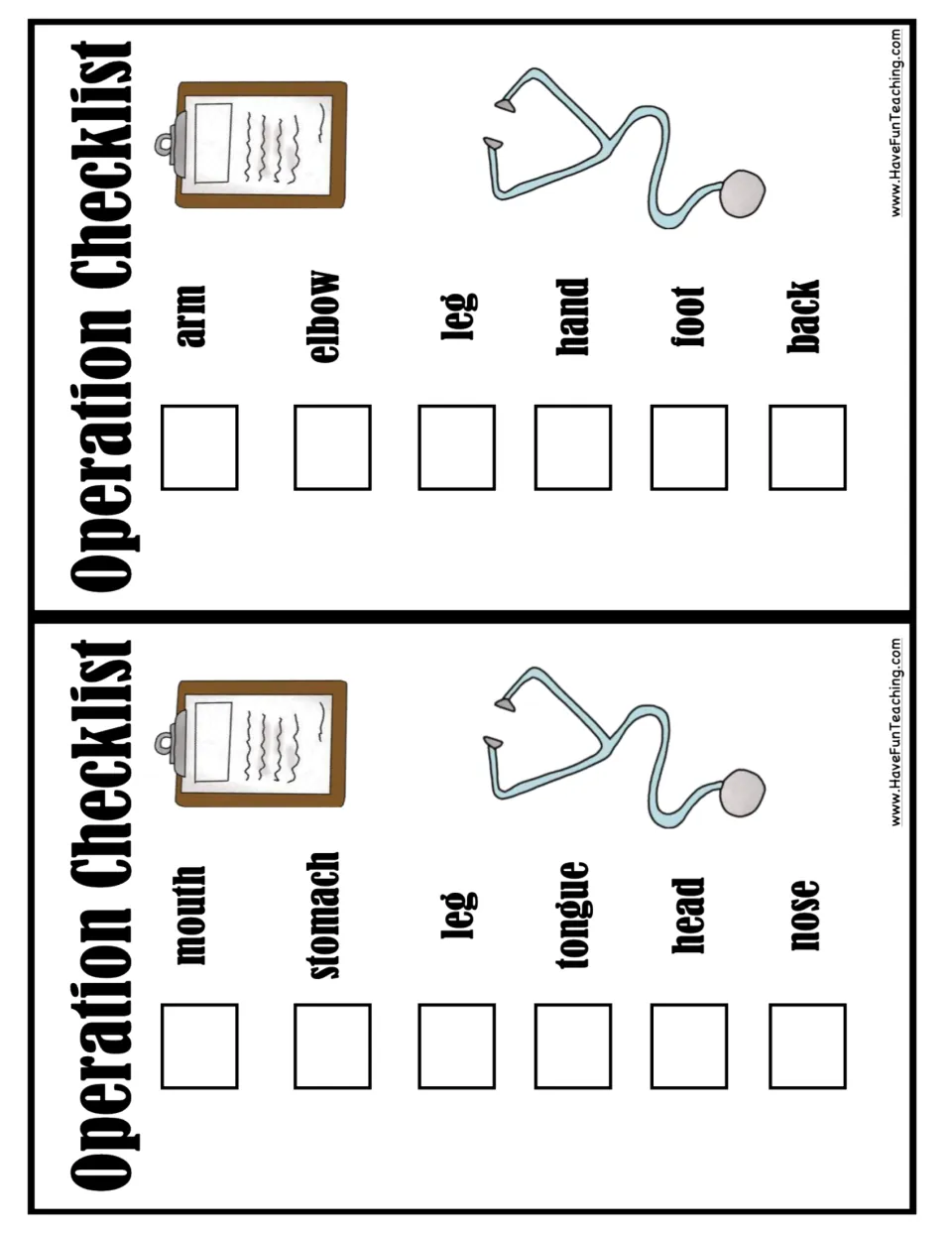 Two Operation Checklist cards: check off mouth, stomach, leg, tongue, head, nose or arm, elbow, leg, hand, foot, back