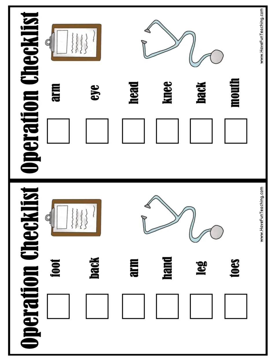 More Operation Checklist cards: foot, back, arm, hand, leg, toes and arm, eye, head, knee, back, mouth to check off