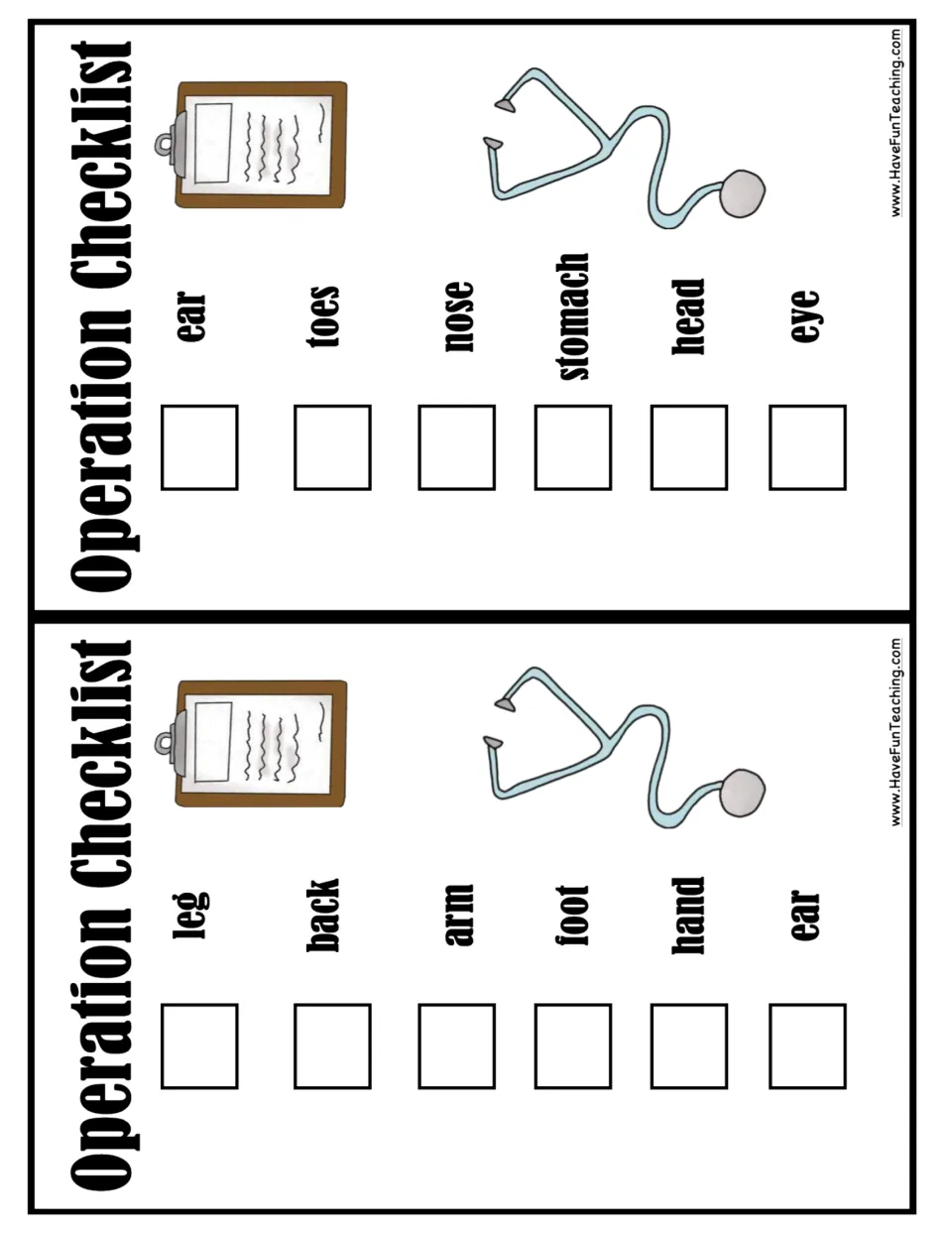 Last Operation Checklist cards with leg, back, arm, foot, hand, ear and ear, toes, nose, stomach, head, eye to check off