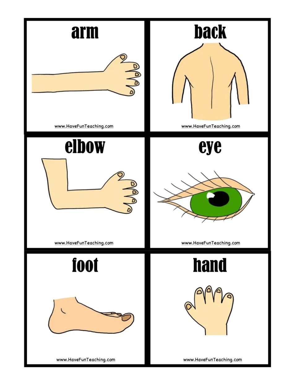 Body part picture cards to cut out: arm, back, elbow, eye, foot and hand, each word paired with a matching drawing
