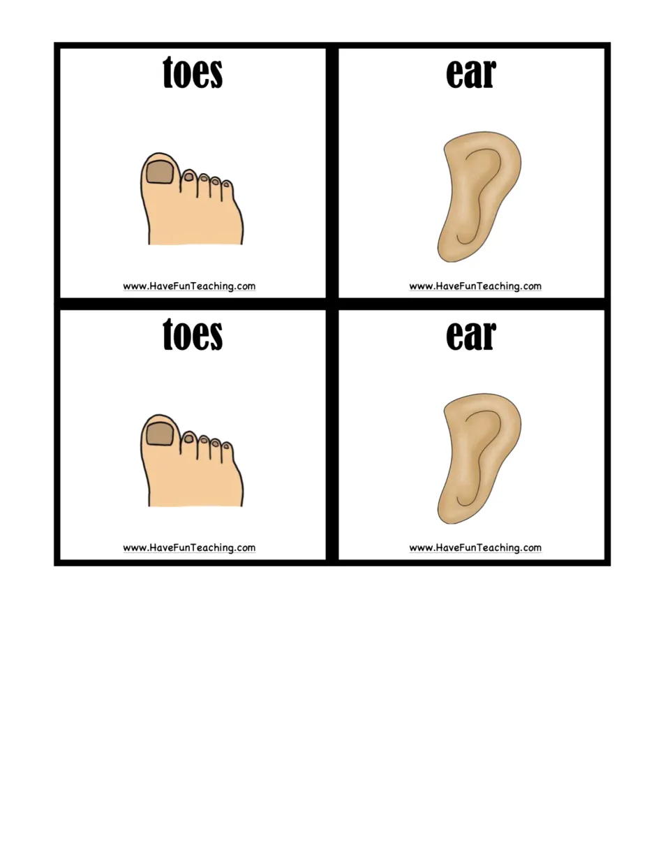 Final picture cards for the deck: two toes cards and two ear cards, each with the word above a simple drawing