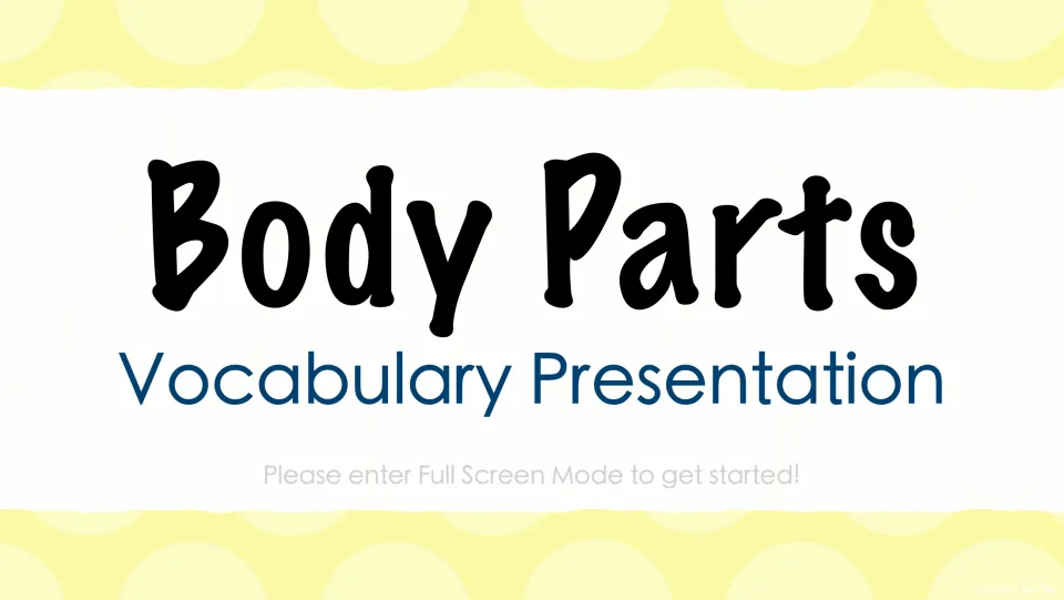 Body Parts Vocabulary Presentation cover slide with an instruction to enter full screen mode to get started