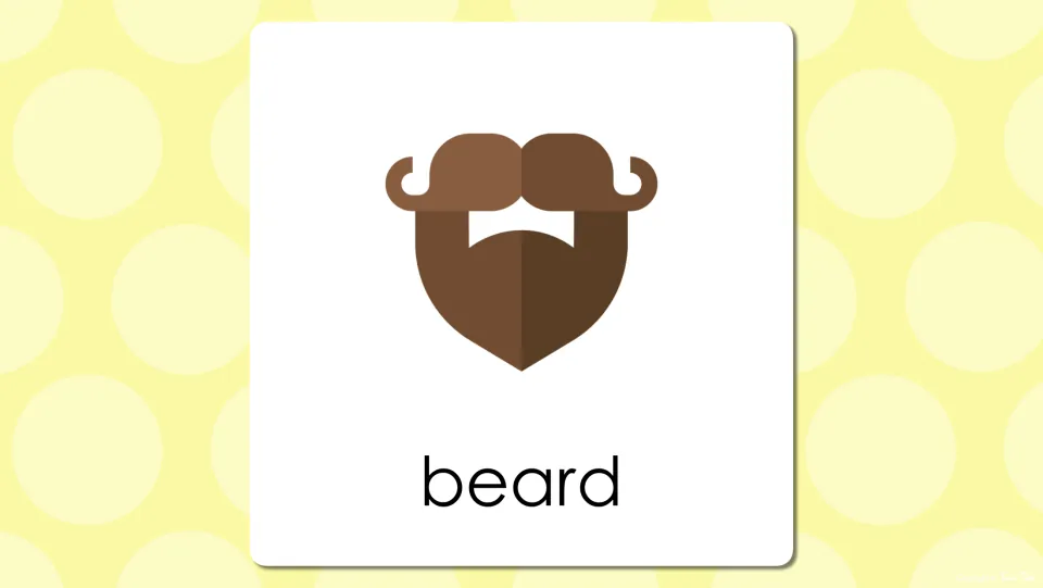 Body parts vocabulary presentation slide showing a beard and mustache with the vocabulary label 'beard'