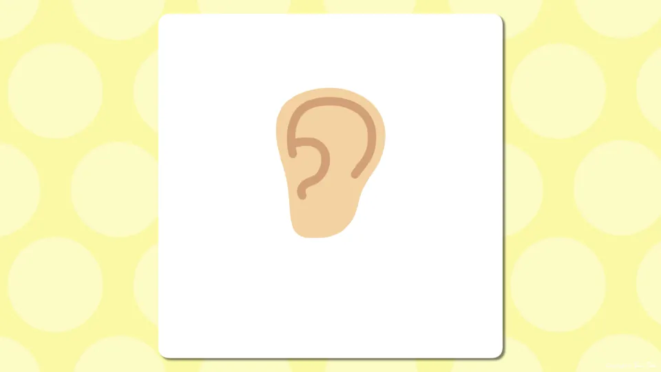 Body parts vocabulary presentation slide showing an unlabeled ear as the next vocabulary picture prompt