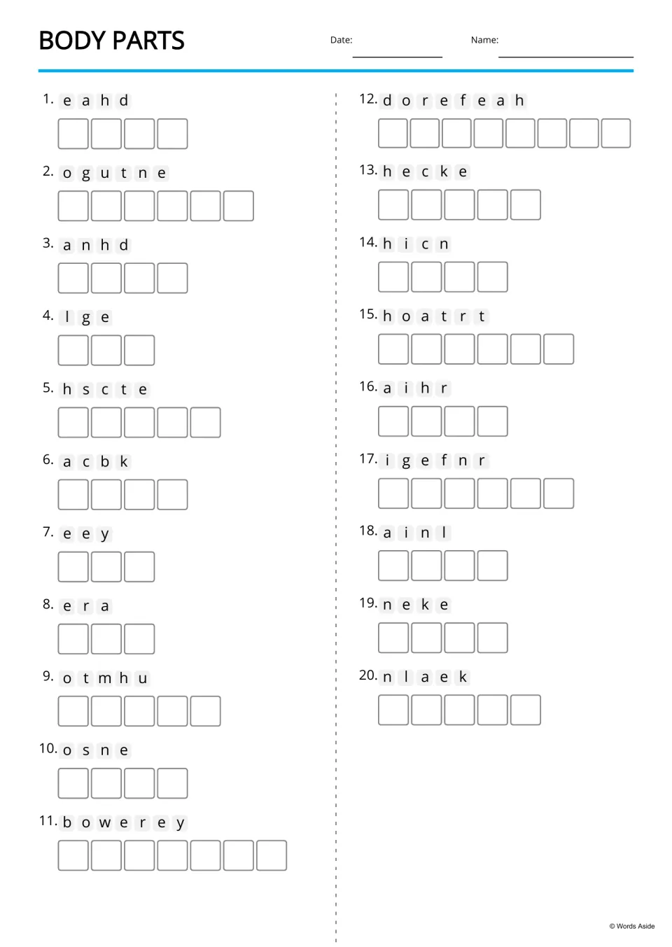 Body parts anagrams: students unscramble 20 jumbled words such as e a h d and o g u t n e, and write each word