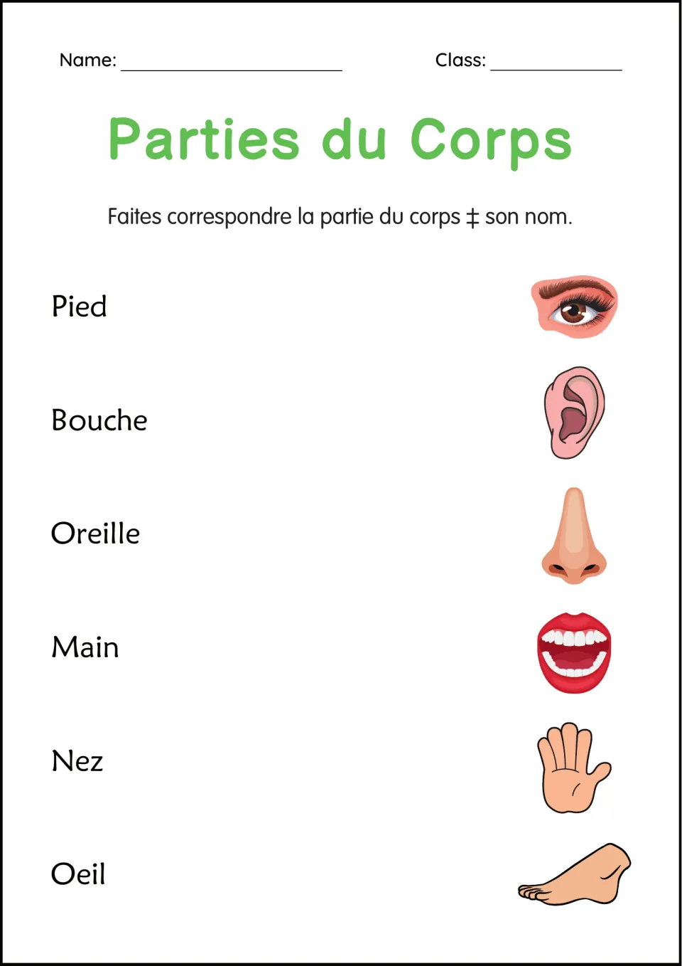Parties du Corps matching: students link French words like pied, bouche, oreille and nez to six body part pictures