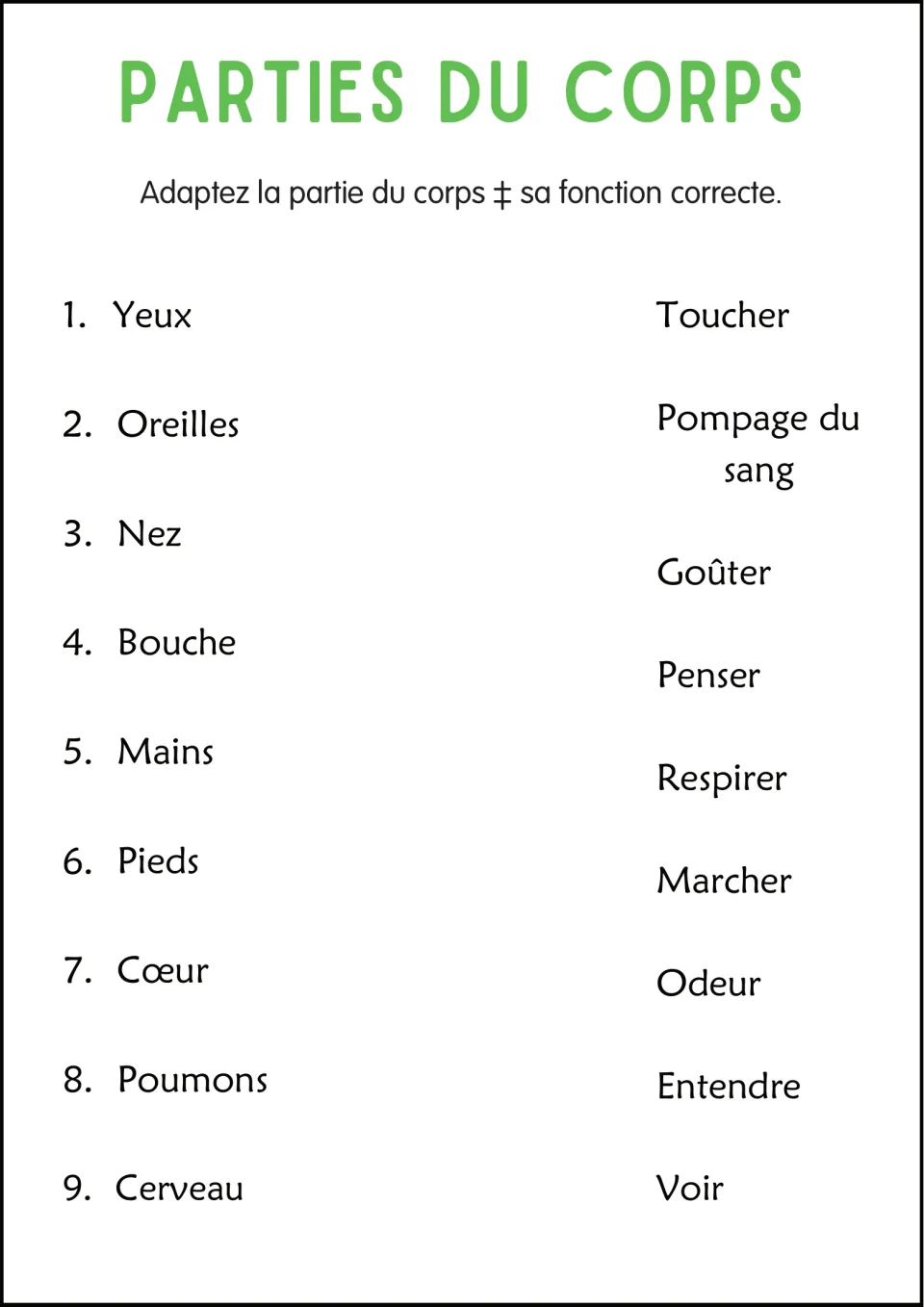 Body part functions: students match nine French body parts, yeux to cerveau, with verbs like voir, penser and respirer
