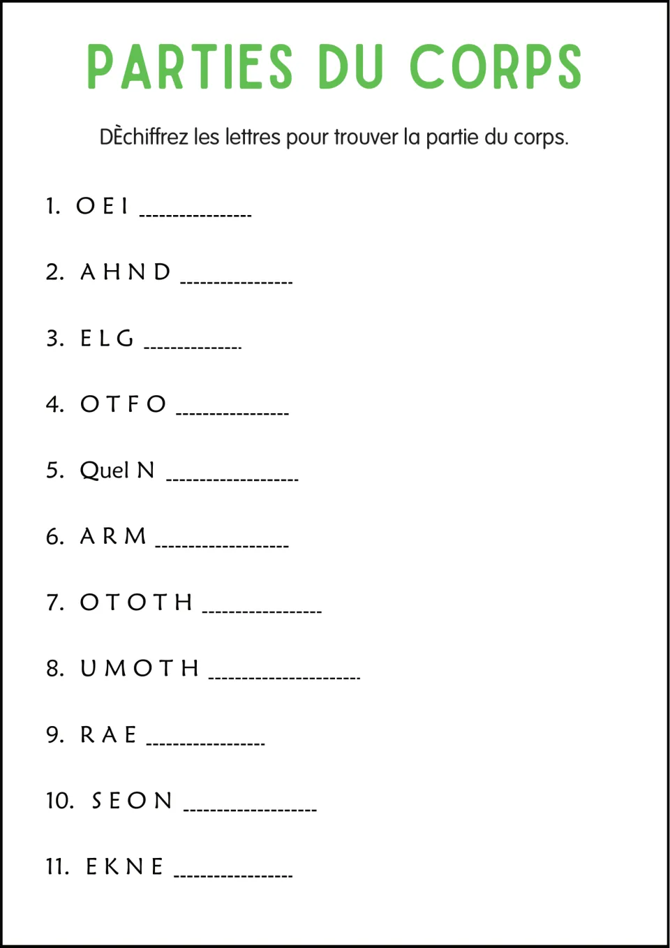 Word scramble: students unscramble 11 letter sets such as O E I, A H N D and E K N E to spell body part words