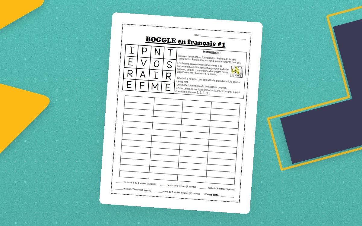 BOGGLE Game ( French Version ) preview: french boggle structured activity