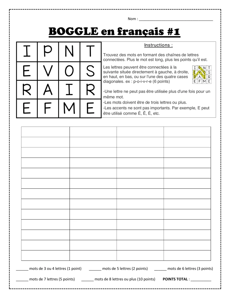 BOGGLE en français #1: students chain adjacent letters from I P N T, E V O S, R A I R, E F M E to spell French words