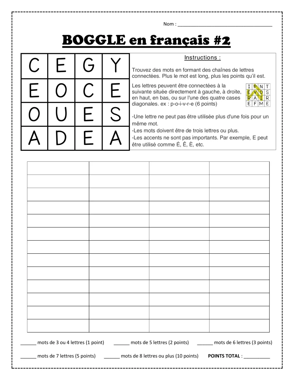 BOGGLE en français #2: students link touching letters in C E G Y, E O C E, O U E S, A D E A to build French words