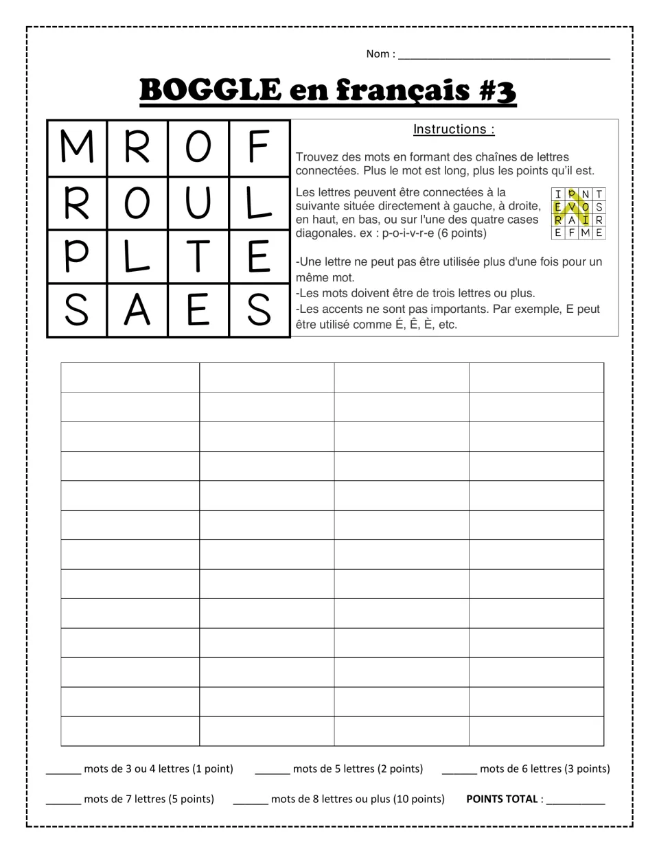 BOGGLE en français #3: grid M R O F, R O U L, P L T E, S A E S for finding French words of 3+ letters and scoring points