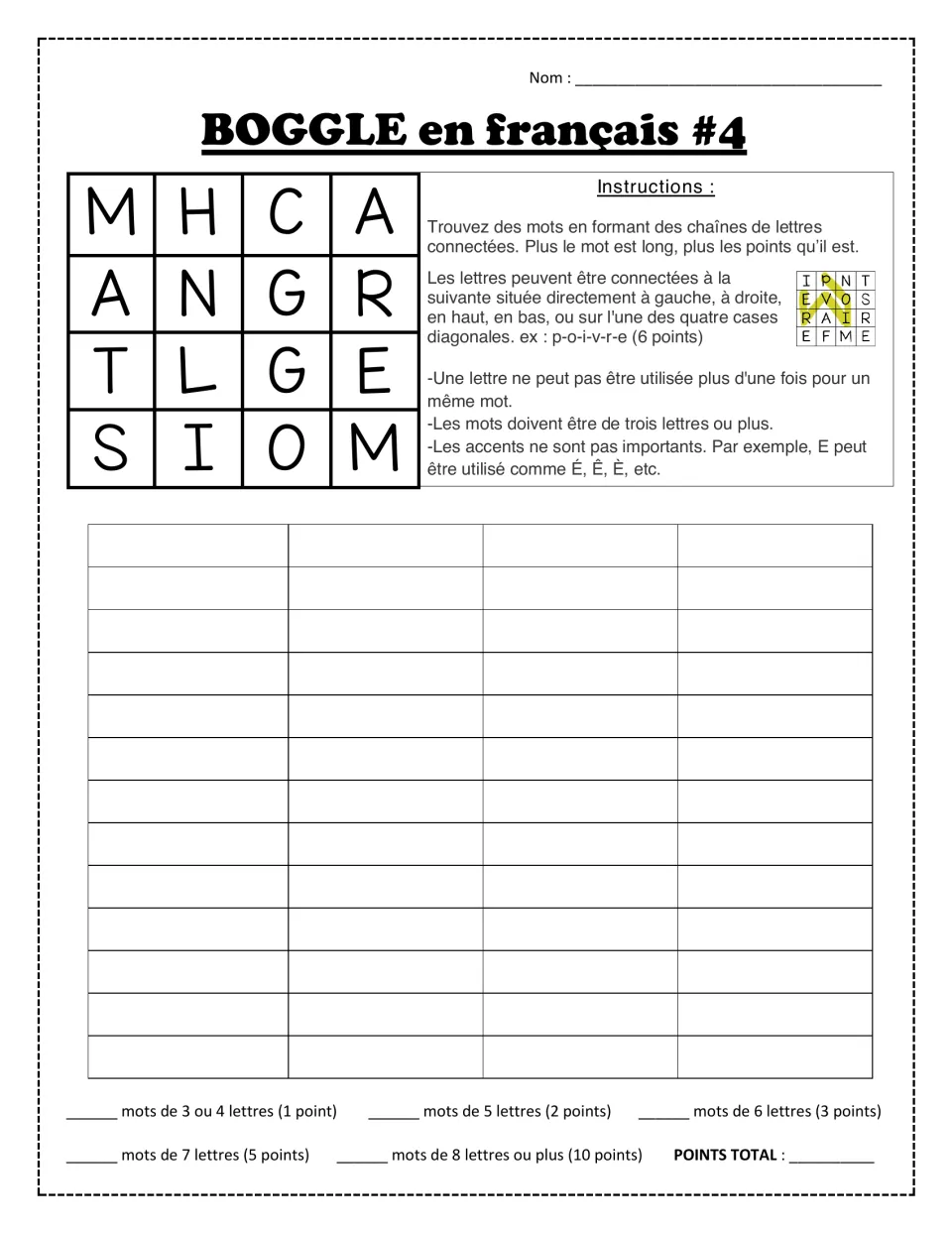 BOGGLE en français #4: letters M H C A, A N G R, T L G E, S I O M; students form French words and tally points by length