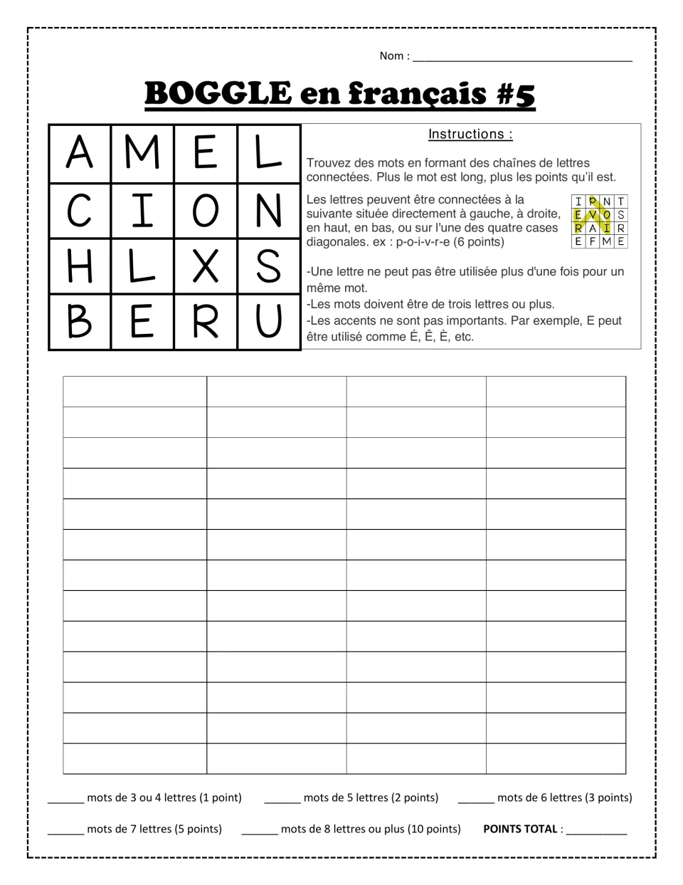BOGGLE en français #5: French word-building from A M E L, C I O N, H L X S, B E R U, listing words and totaling points